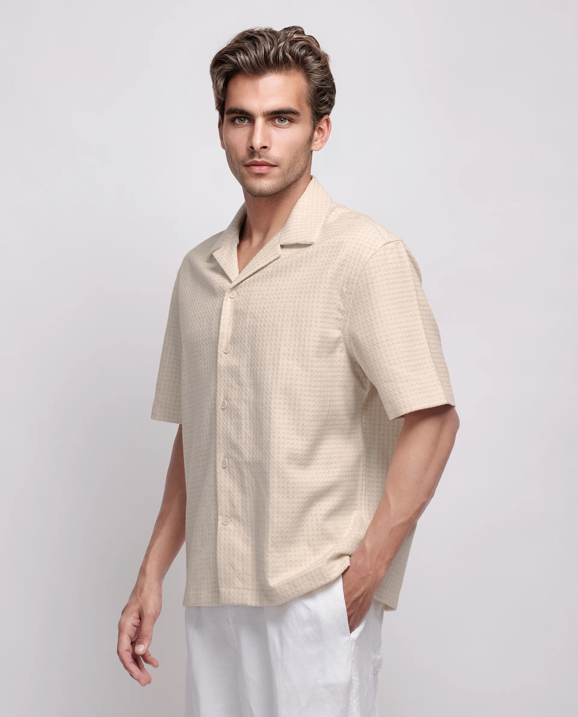 Rare Rabbit Men's Fei Ss Beige Cotton Textured Boxy Fit Half Sleeve Cuban Collar Shirt - Image 2