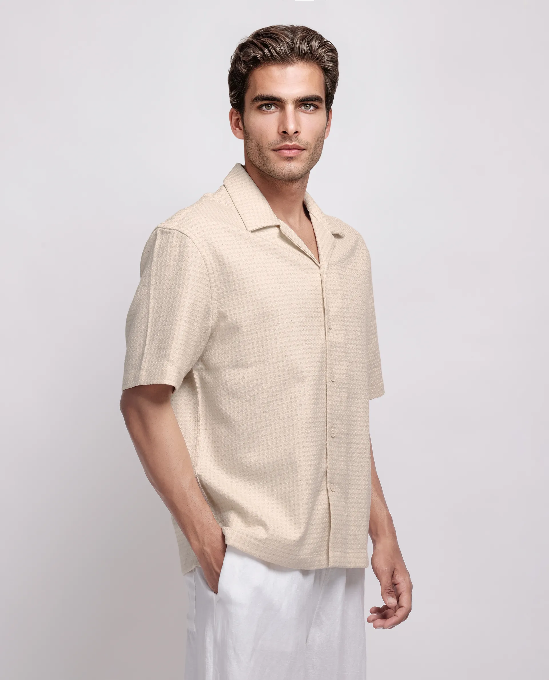Rare Rabbit Men's Fei Ss Beige Cotton Textured Boxy Fit Half Sleeve Cuban Collar Shirt - Image 3