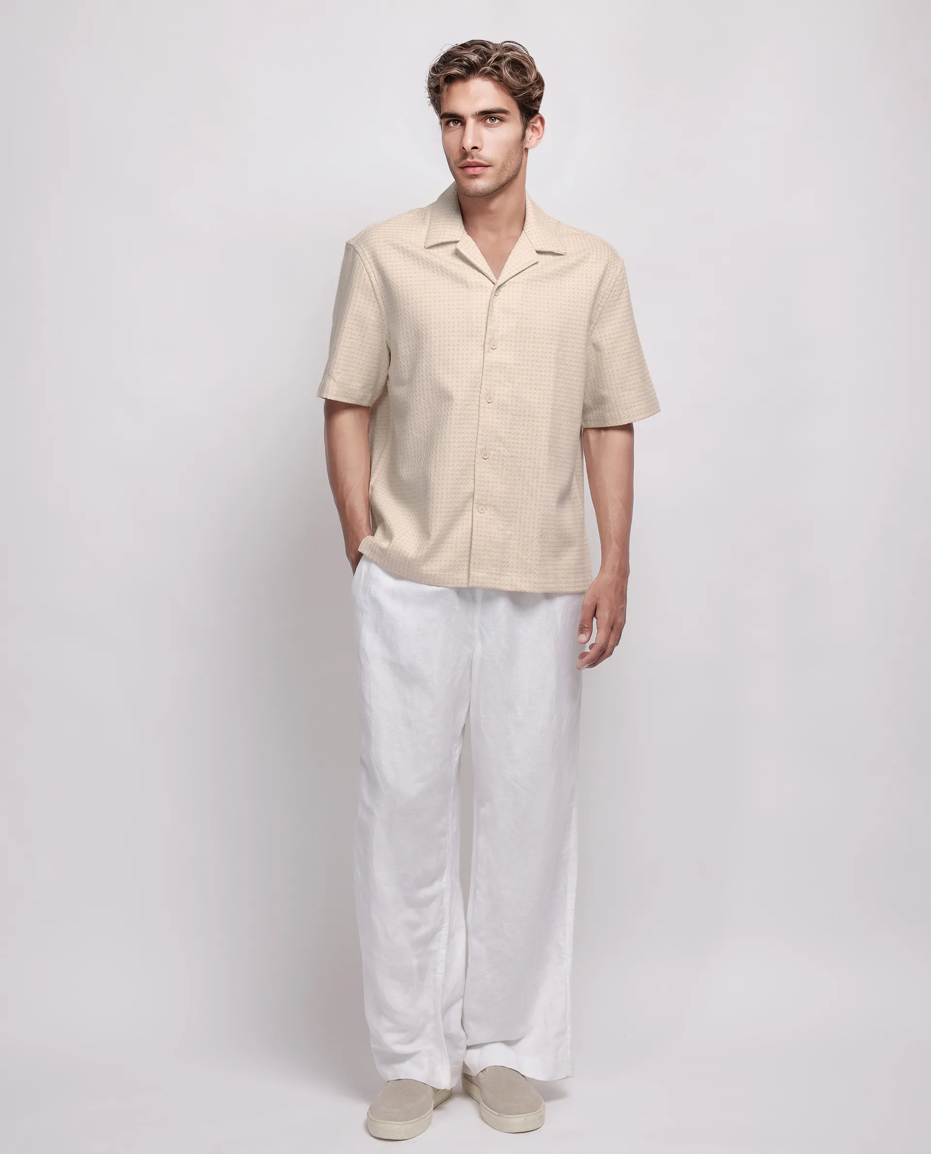 Rare Rabbit Men's Fei Ss Beige Cotton Textured Boxy Fit Half Sleeve Cuban Collar Shirt - Image 4