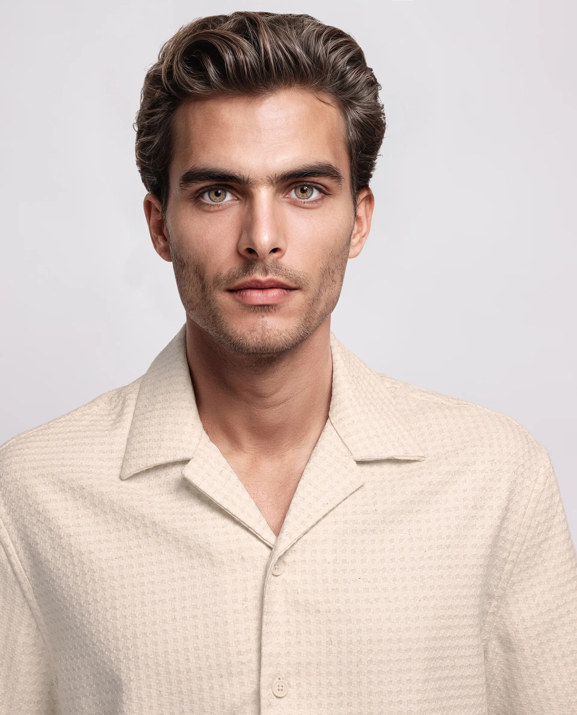 Rare Rabbit Men's Fei Ss Beige Cotton Textured Boxy Fit Half Sleeve Cuban Collar Shirt - Image 5