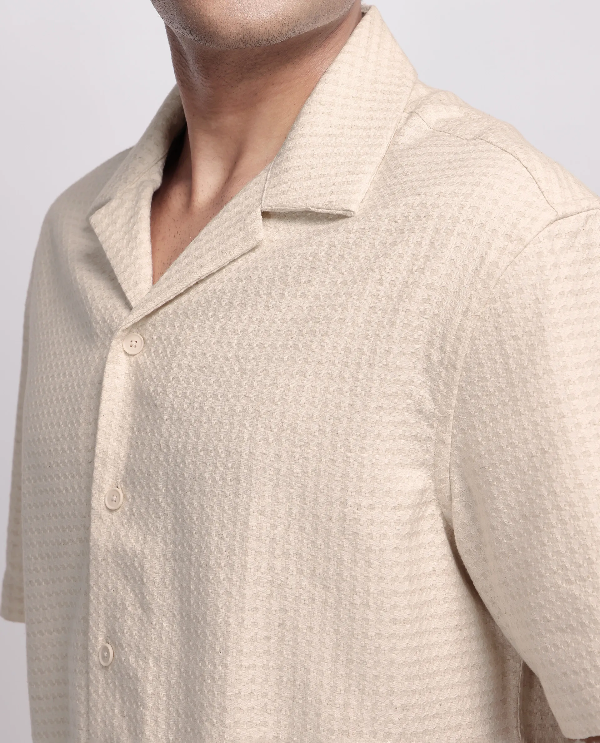 Rare Rabbit Men's Fei Ss Beige Cotton Textured Boxy Fit Half Sleeve Cuban Collar Shirt - Image 6