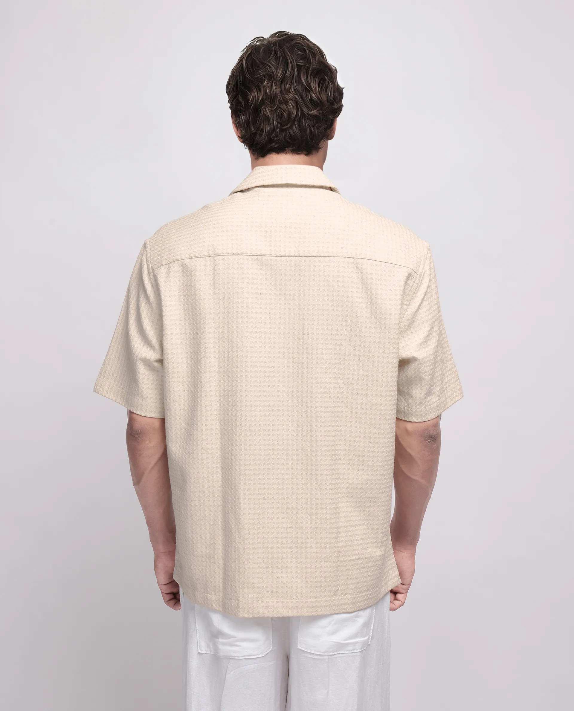 Rare Rabbit Men's Fei Ss Beige Cotton Textured Boxy Fit Half Sleeve Cuban Collar Shirt - Image 7