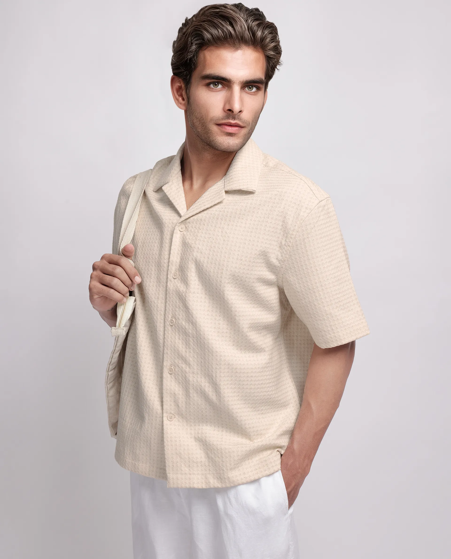 Rare Rabbit Men's Fei Ss Beige Cotton Textured Boxy Fit Half Sleeve Cuban Collar Shirt - Image 8
