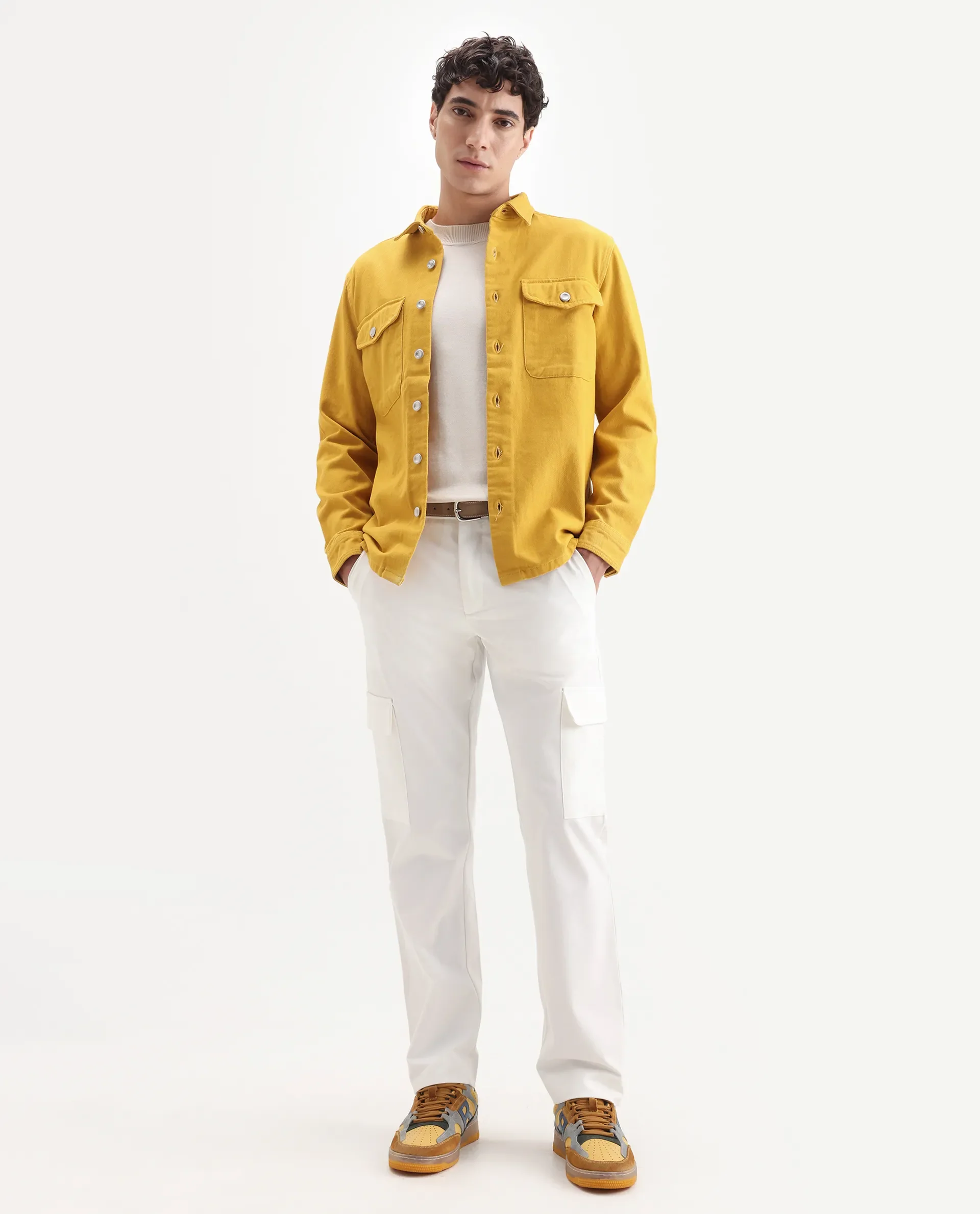 Rare Rabbit Men's Feld Mustard Cotton Plain Relaxed Fit Full Sleeve Spread Collar Shacket - Image 2