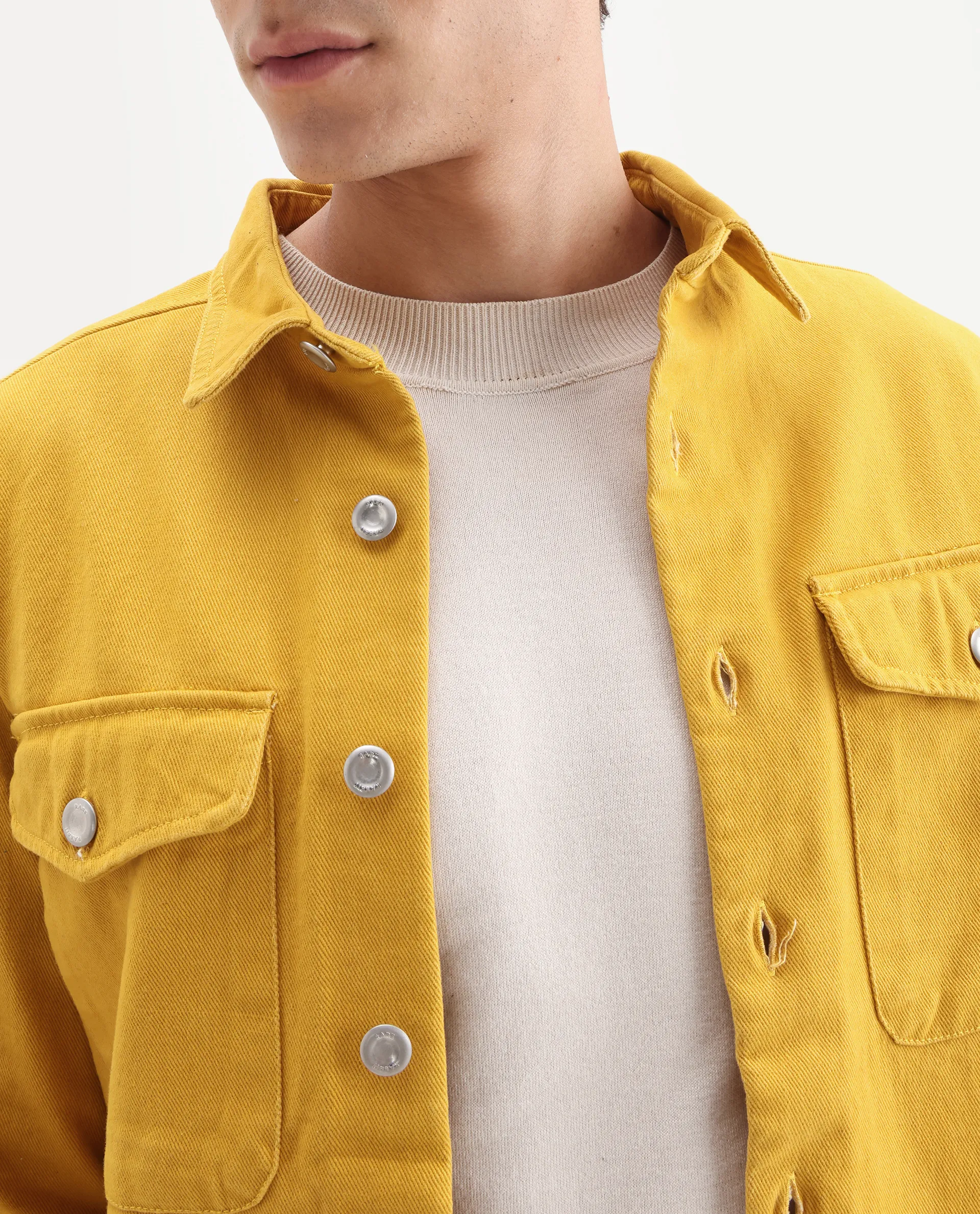 Rare Rabbit Men's Feld Mustard Cotton Plain Relaxed Fit Full Sleeve Spread Collar Shacket - Image 3