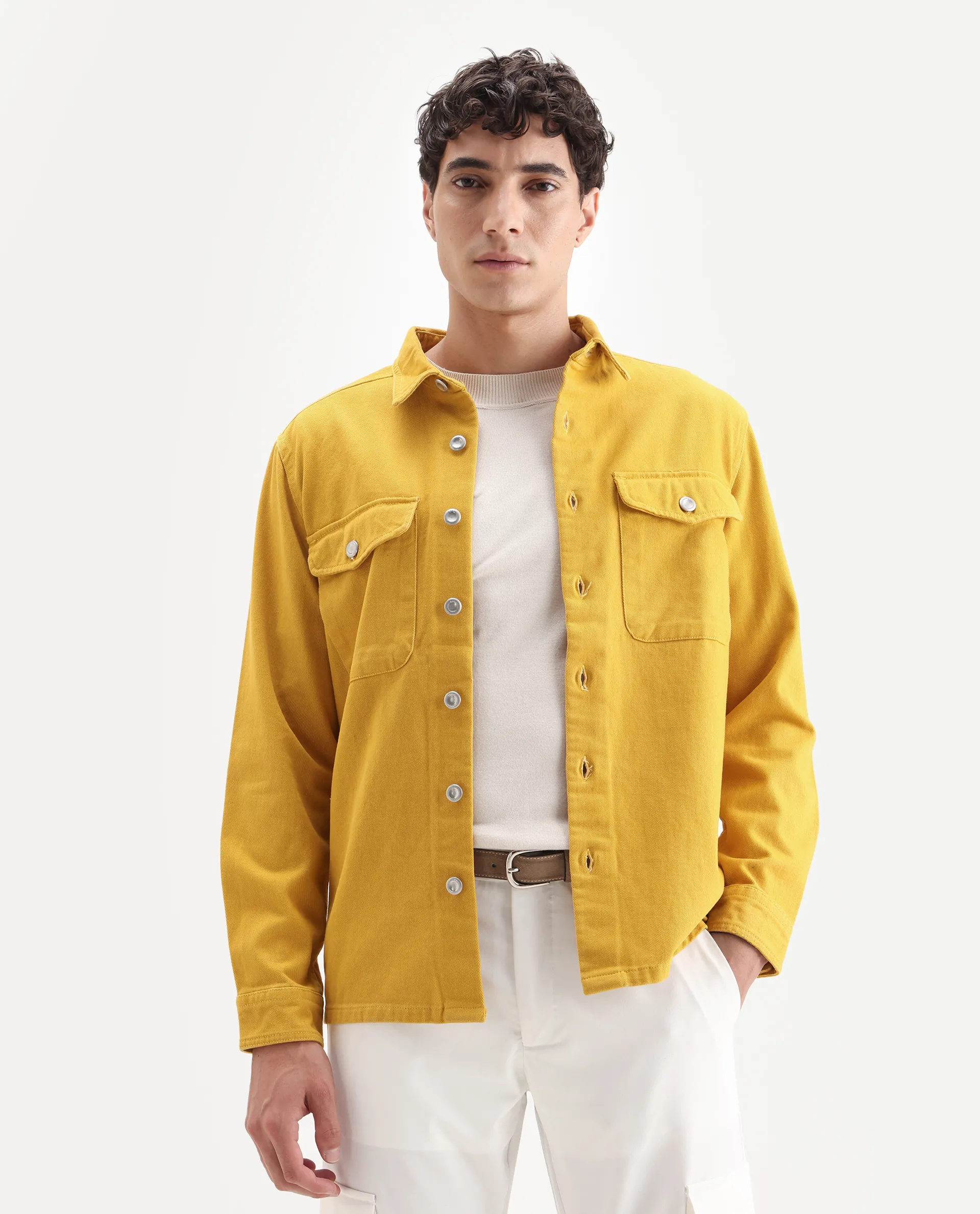 Rare Rabbit Men's Feld Mustard Cotton Plain Relaxed Fit Full Sleeve Spread Collar Shacket - Image 4