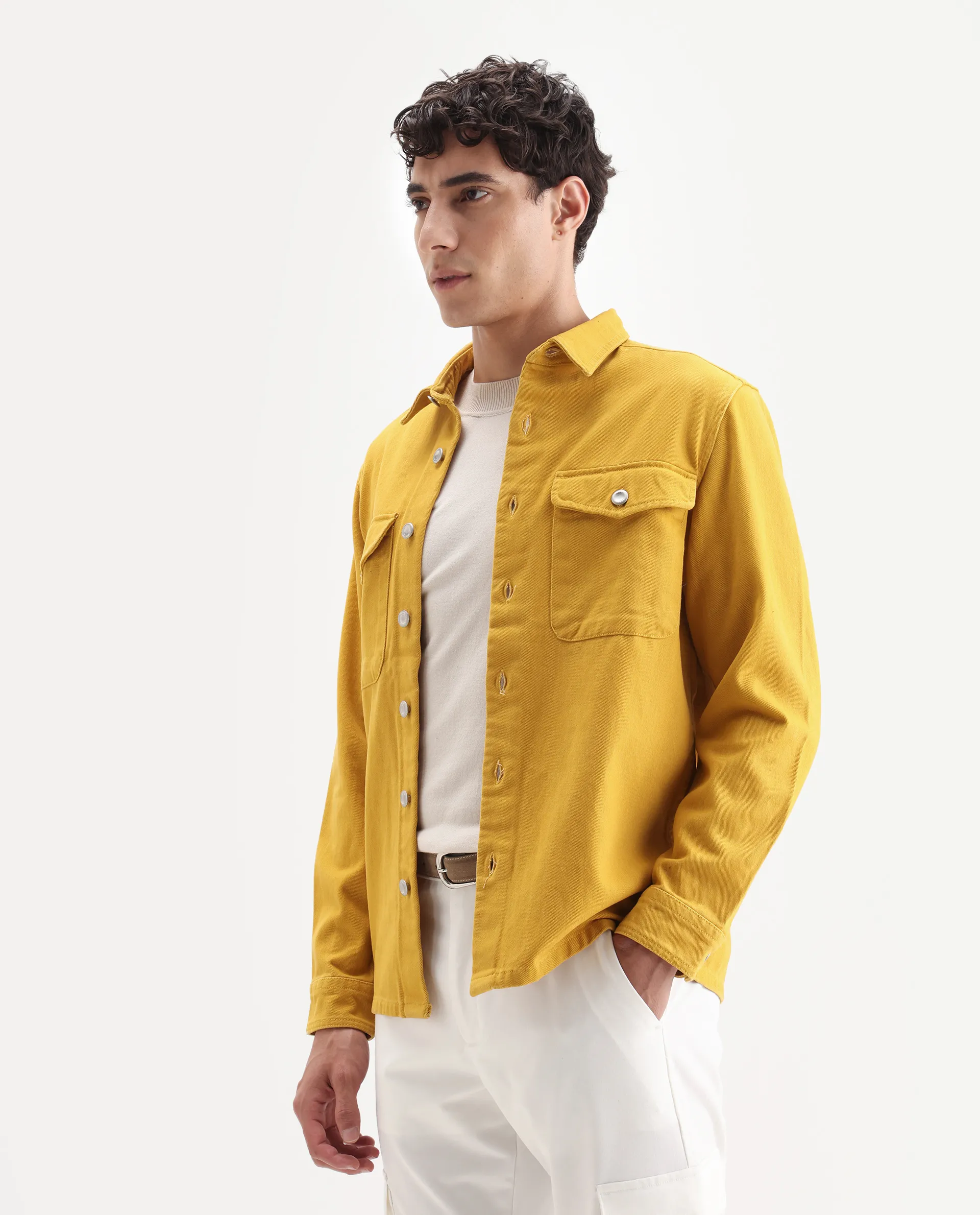 Rare Rabbit Men's Feld Mustard Cotton Plain Relaxed Fit Full Sleeve Spread Collar Shacket - Image 5