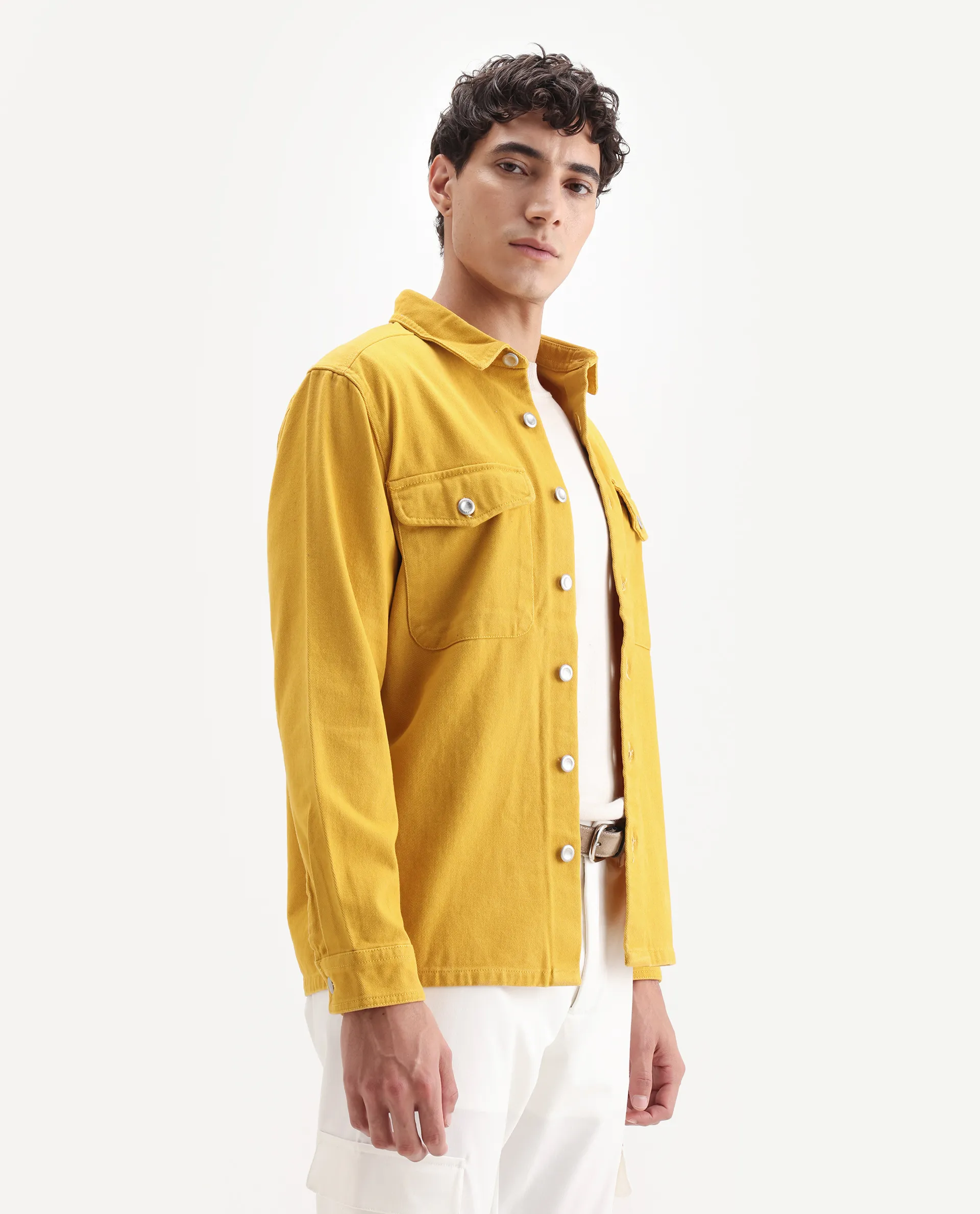 Rare Rabbit Men's Feld Mustard Cotton Plain Relaxed Fit Full Sleeve Spread Collar Shacket - Image 6