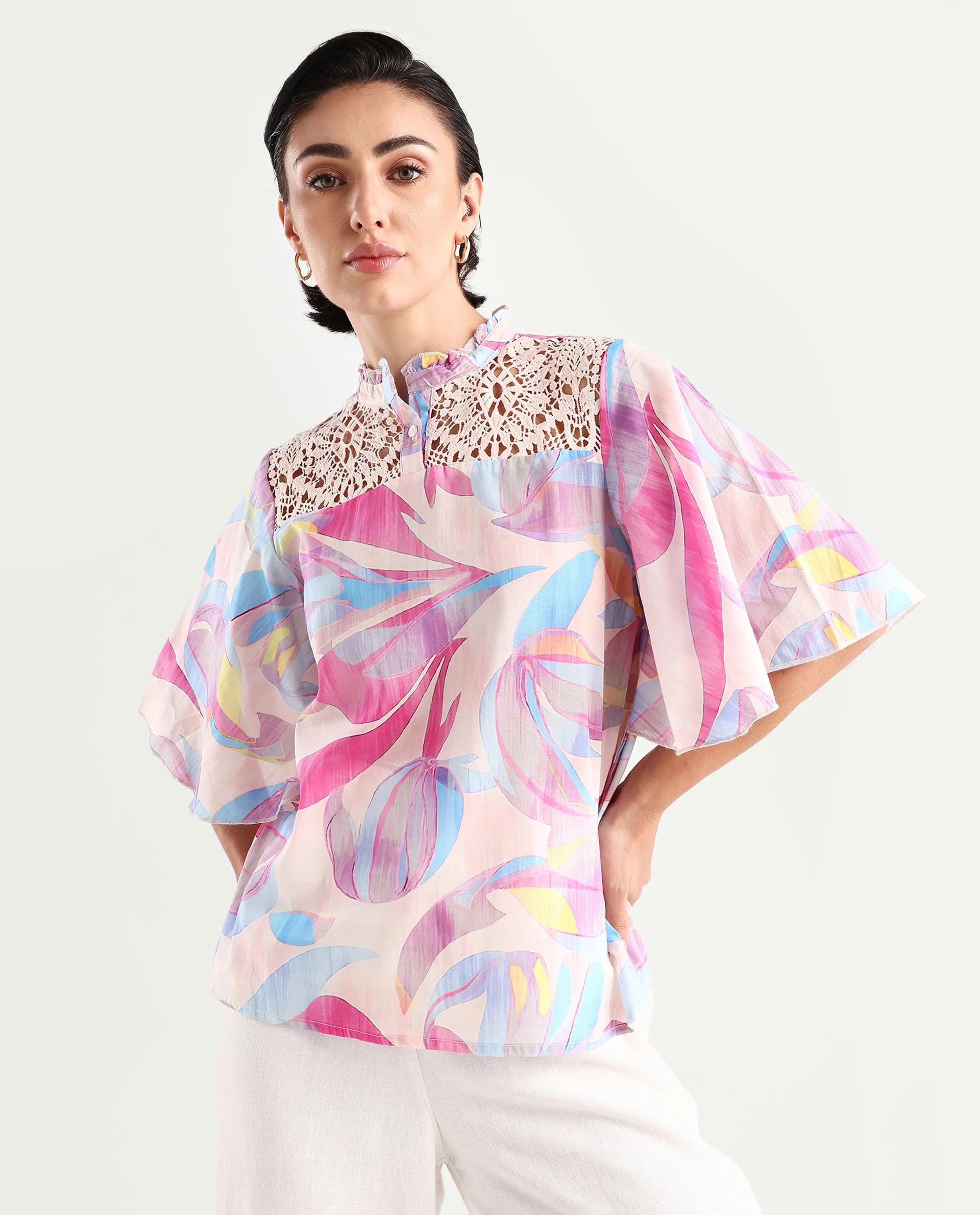 Rareism Women's Feli Pink Cotton Sweetheart Neck Abstract Print Ruffled Sleeve Regular Fit Top
