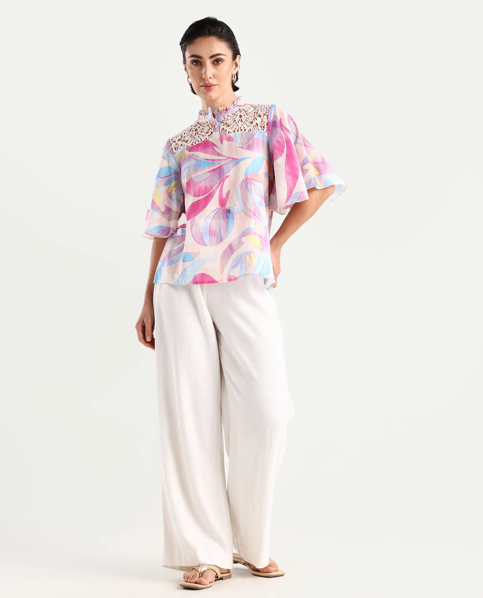 Rareism Women's Feli Pink Cotton Sweetheart Neck Abstract Print Ruffled Sleeve Regular Fit Top - Image 2