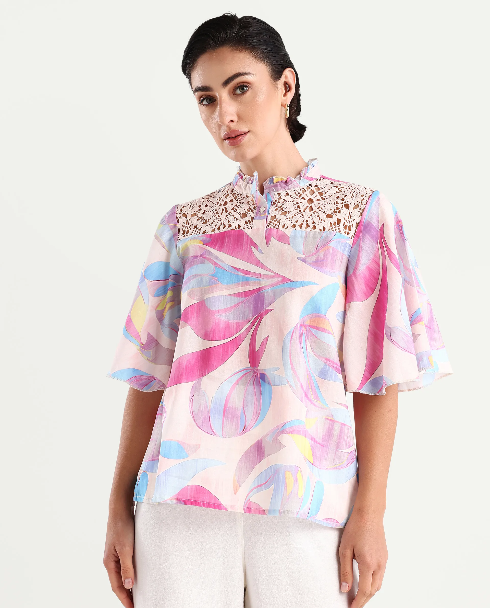 Rareism Women's Feli Pink Cotton Sweetheart Neck Abstract Print Ruffled Sleeve Regular Fit Top - Image 3