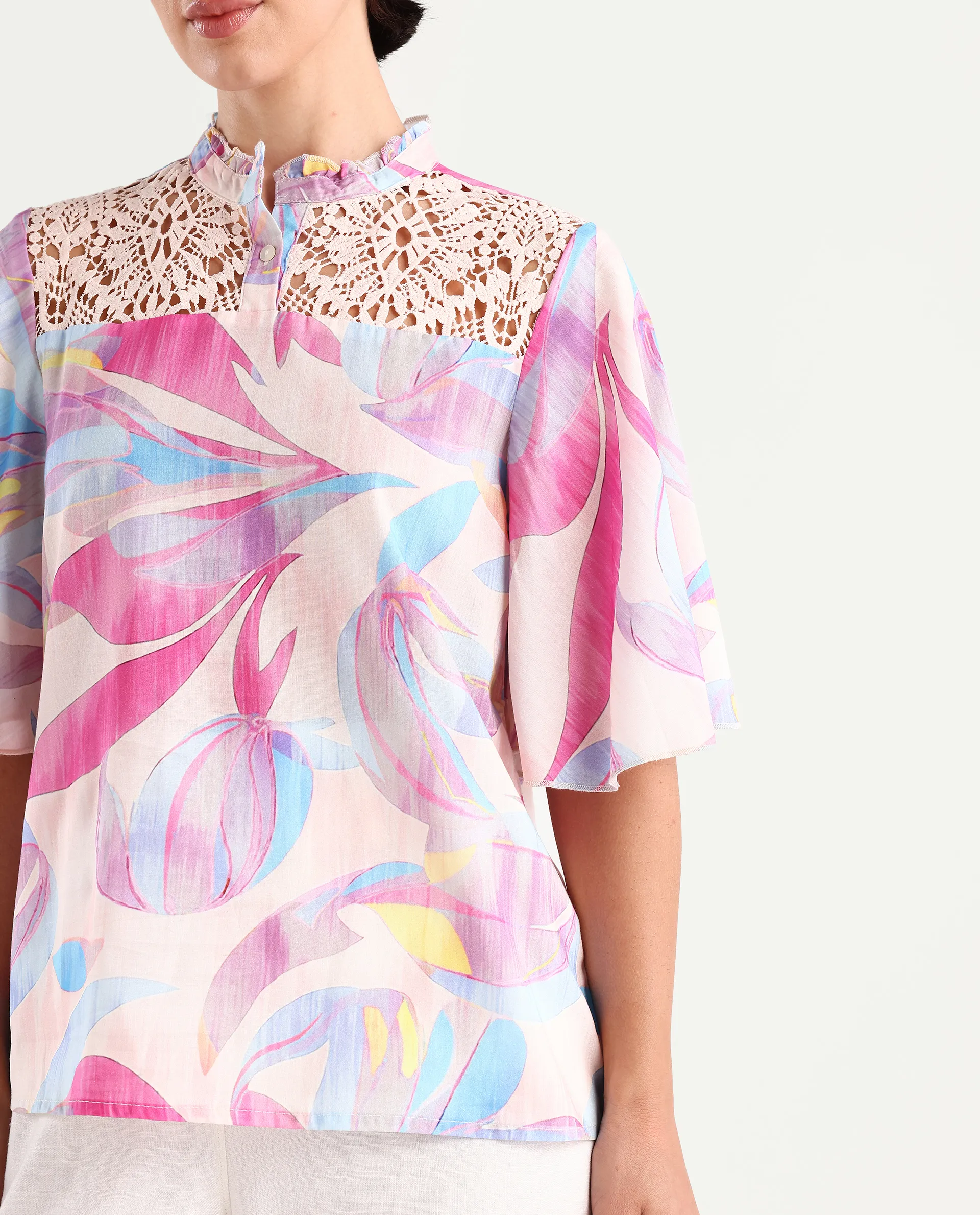 Rareism Women's Feli Pink Cotton Sweetheart Neck Abstract Print Ruffled Sleeve Regular Fit Top - Image 4