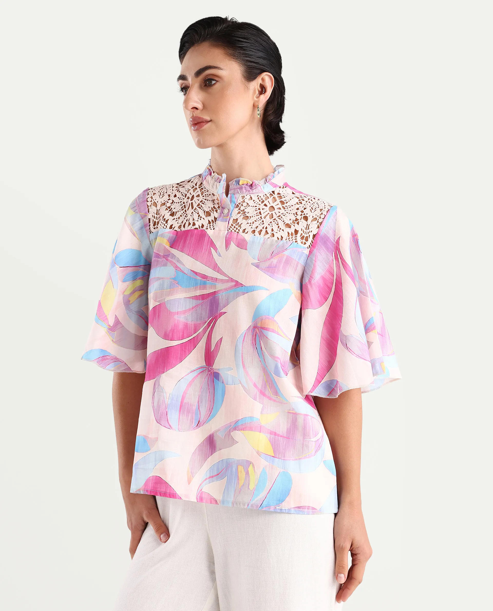 Rareism Women's Feli Pink Cotton Sweetheart Neck Abstract Print Ruffled Sleeve Regular Fit Top - Image 5