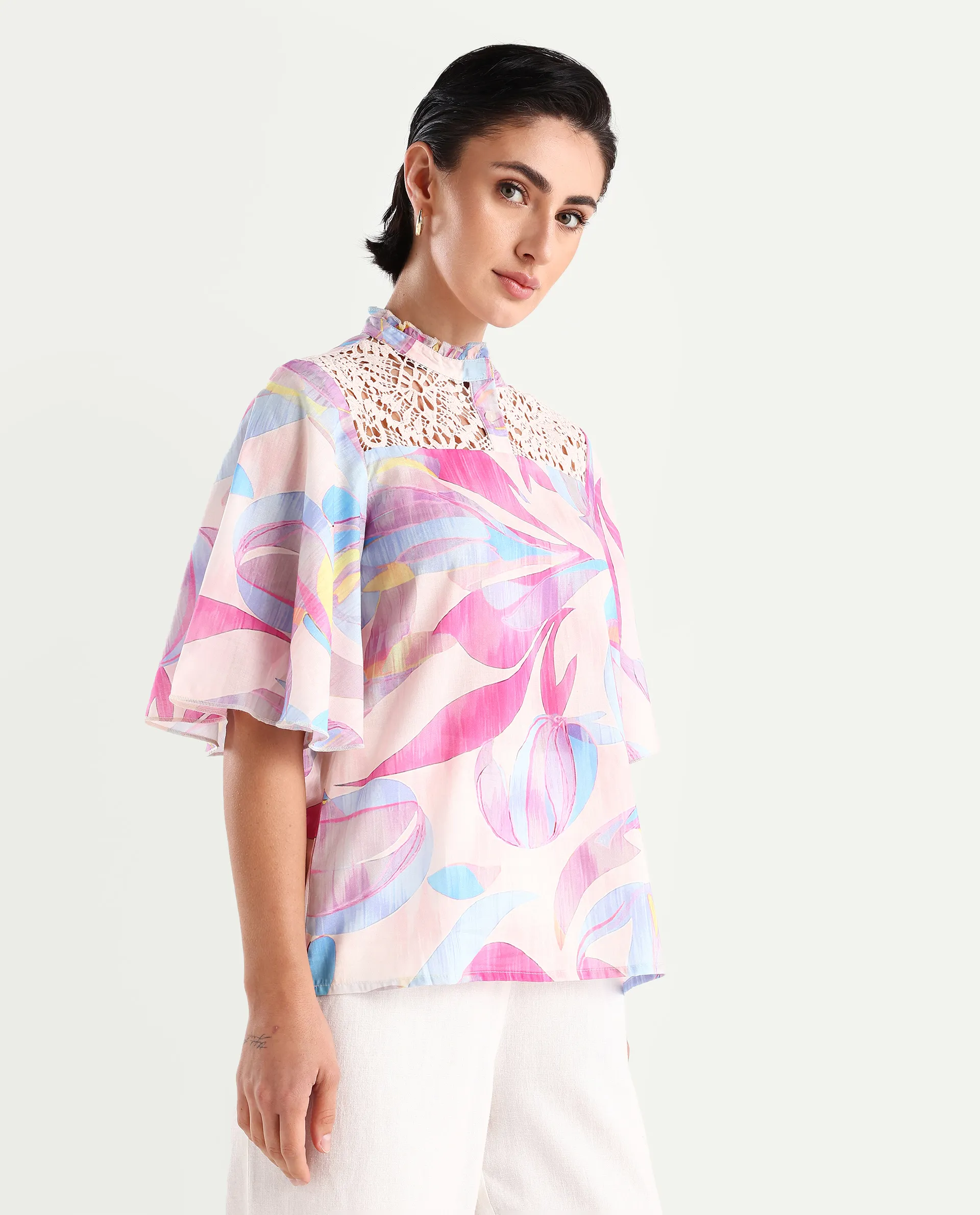 Rareism Women's Feli Pink Cotton Sweetheart Neck Abstract Print Ruffled Sleeve Regular Fit Top - Image 6