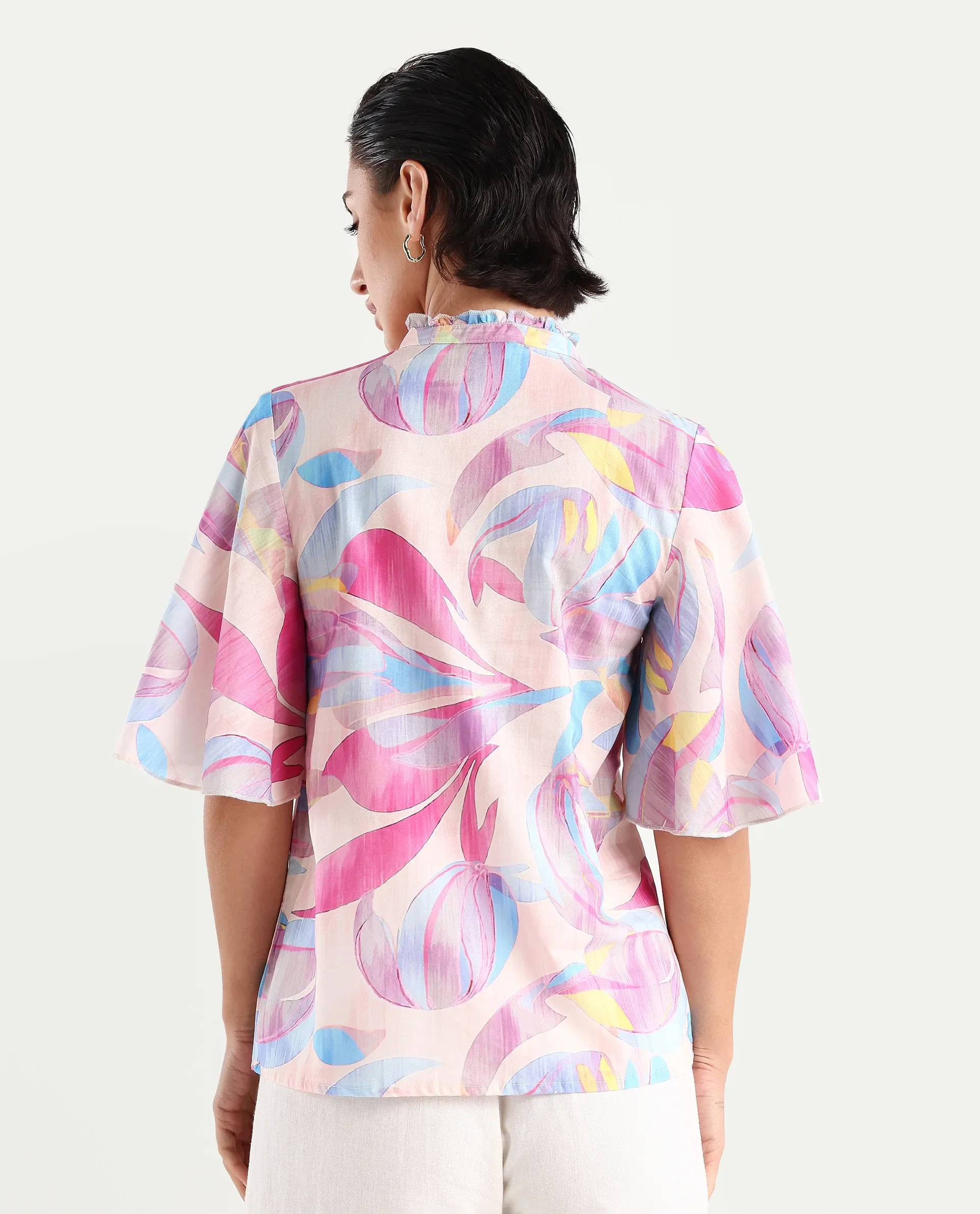 Rareism Women's Feli Pink Cotton Sweetheart Neck Abstract Print Ruffled Sleeve Regular Fit Top - Image 7