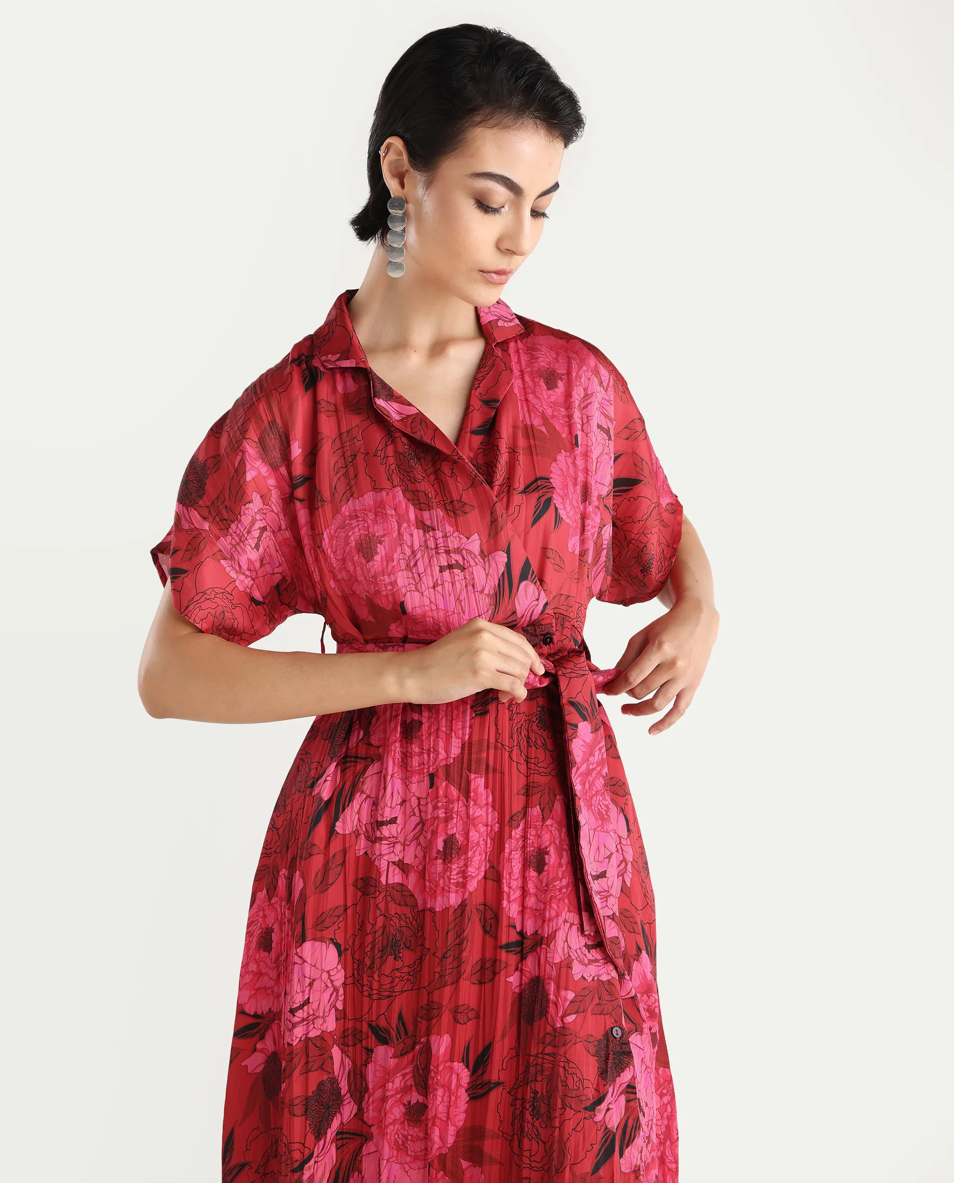 Rareism Women's Felik Red Polyester Lapel Neck Floral Print Extended Sleeves Midi Fit And Flare Dress - Image 2