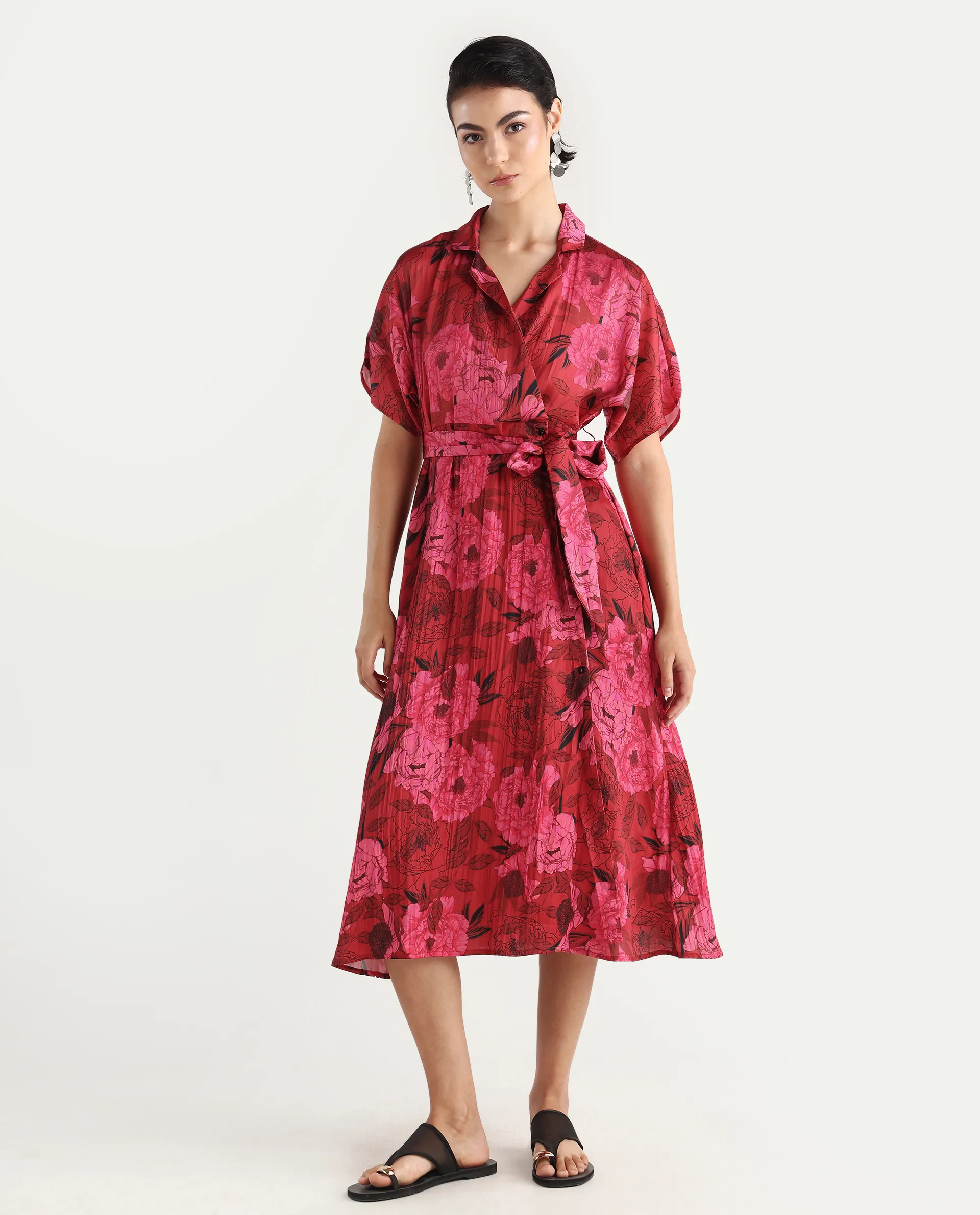 Rareism Women's Felik Red Polyester Lapel Neck Floral Print Extended Sleeves Midi Fit And Flare Dress - Image 3