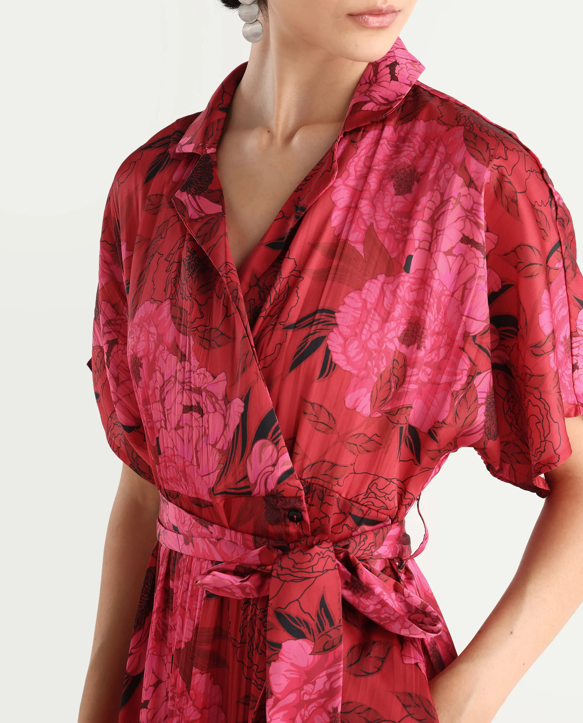 Rareism Women's Felik Red Polyester Lapel Neck Floral Print Extended Sleeves Midi Fit And Flare Dress - Image 5