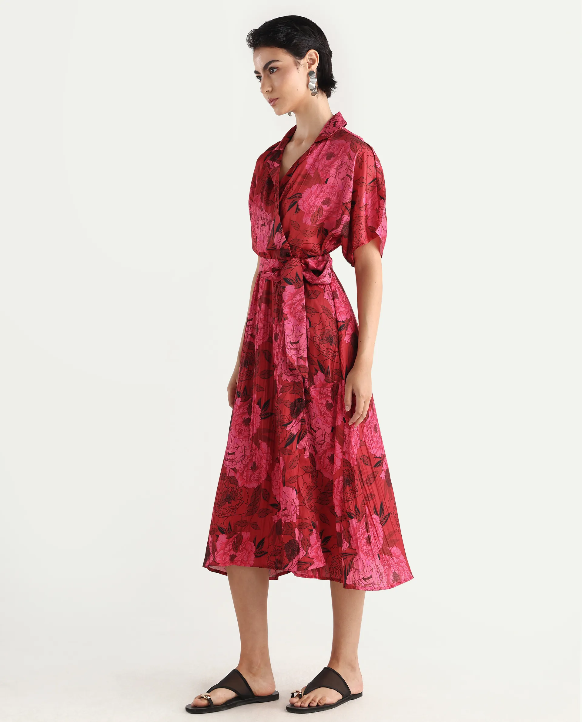 Rareism Women's Felik Red Polyester Lapel Neck Floral Print Extended Sleeves Midi Fit And Flare Dress - Image 6