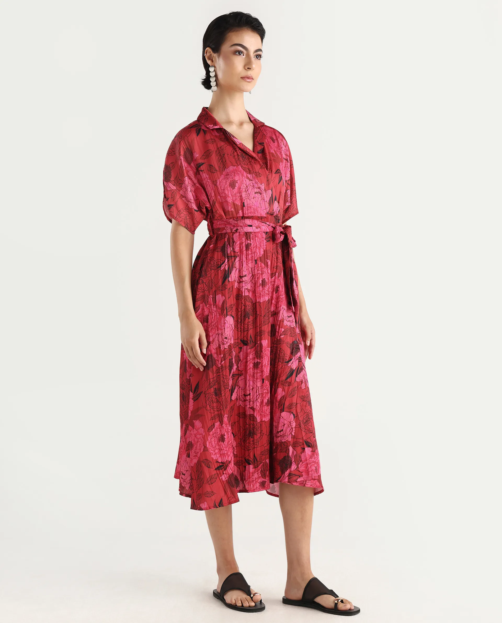 Rareism Women's Felik Red Polyester Lapel Neck Floral Print Extended Sleeves Midi Fit And Flare Dress - Image 7