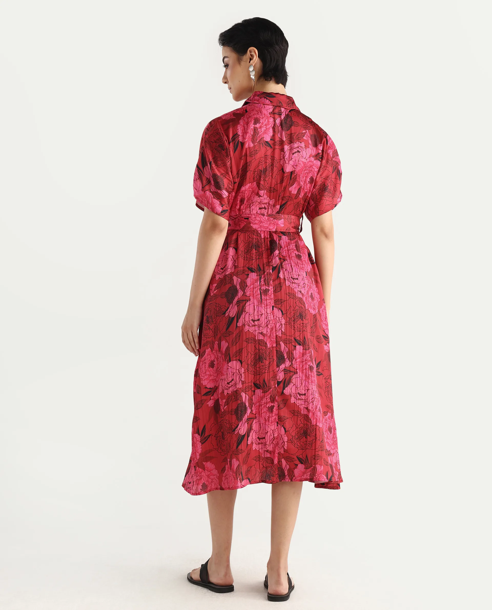 Rareism Women's Felik Red Polyester Lapel Neck Floral Print Extended Sleeves Midi Fit And Flare Dress - Image 8