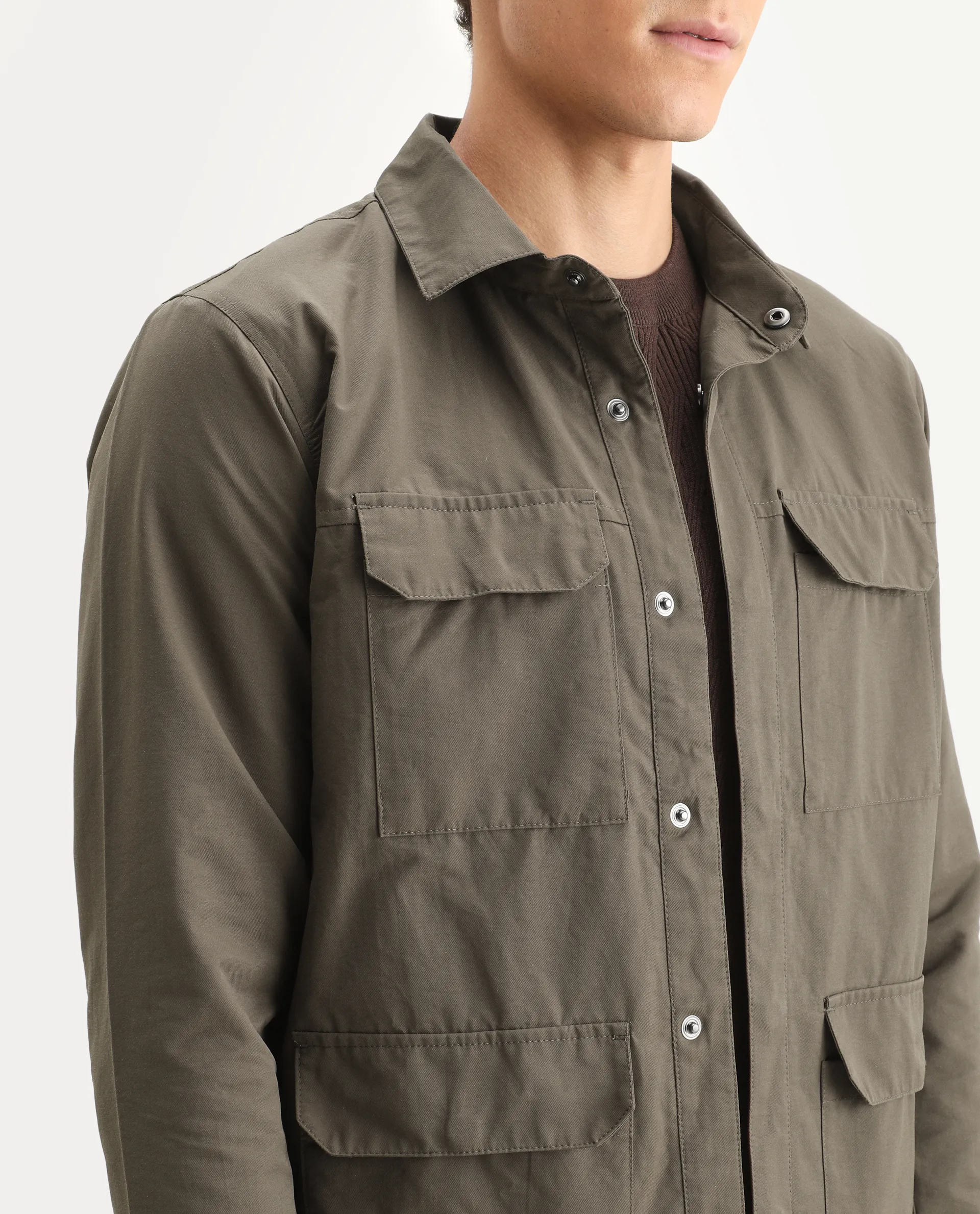 Rare Rabbit Men's Feliu Dark Olive Cotton Plain Regular Fit Full Sleeve Spread Collar Jacket - Image 3