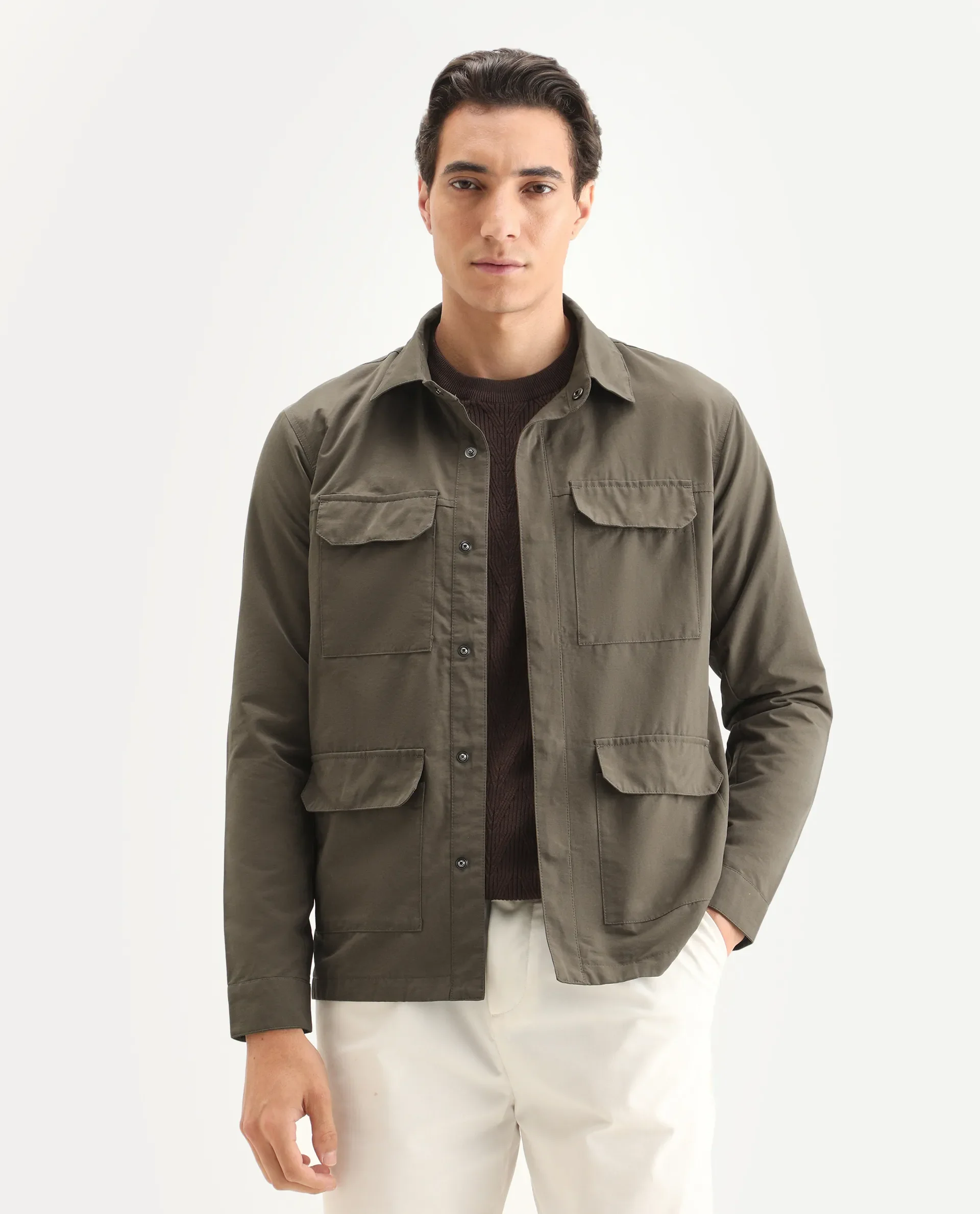 Rare Rabbit Men's Feliu Dark Olive Cotton Plain Regular Fit Full Sleeve Spread Collar Jacket - Image 4