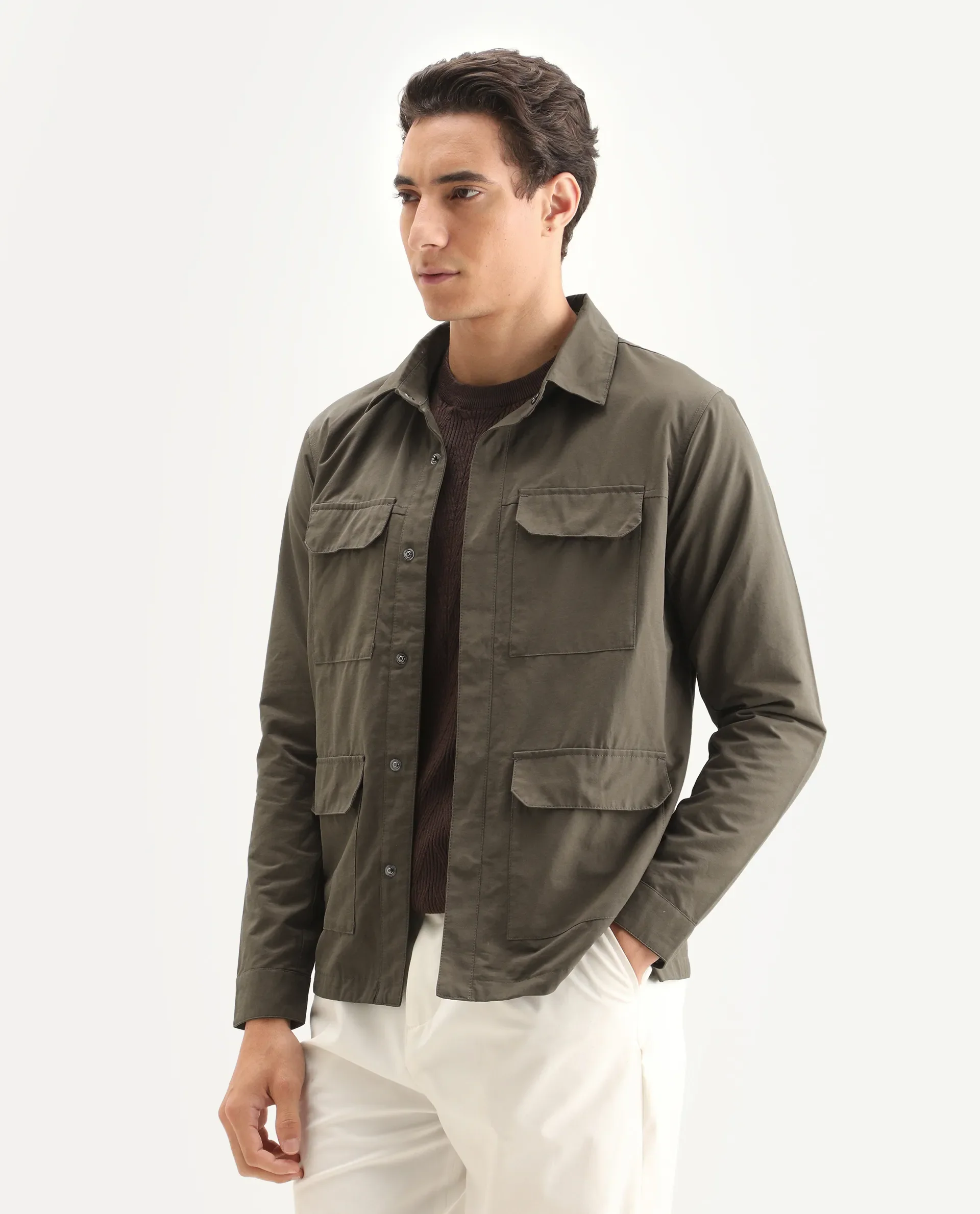 Rare Rabbit Men's Feliu Dark Olive Cotton Plain Regular Fit Full Sleeve Spread Collar Jacket - Image 5