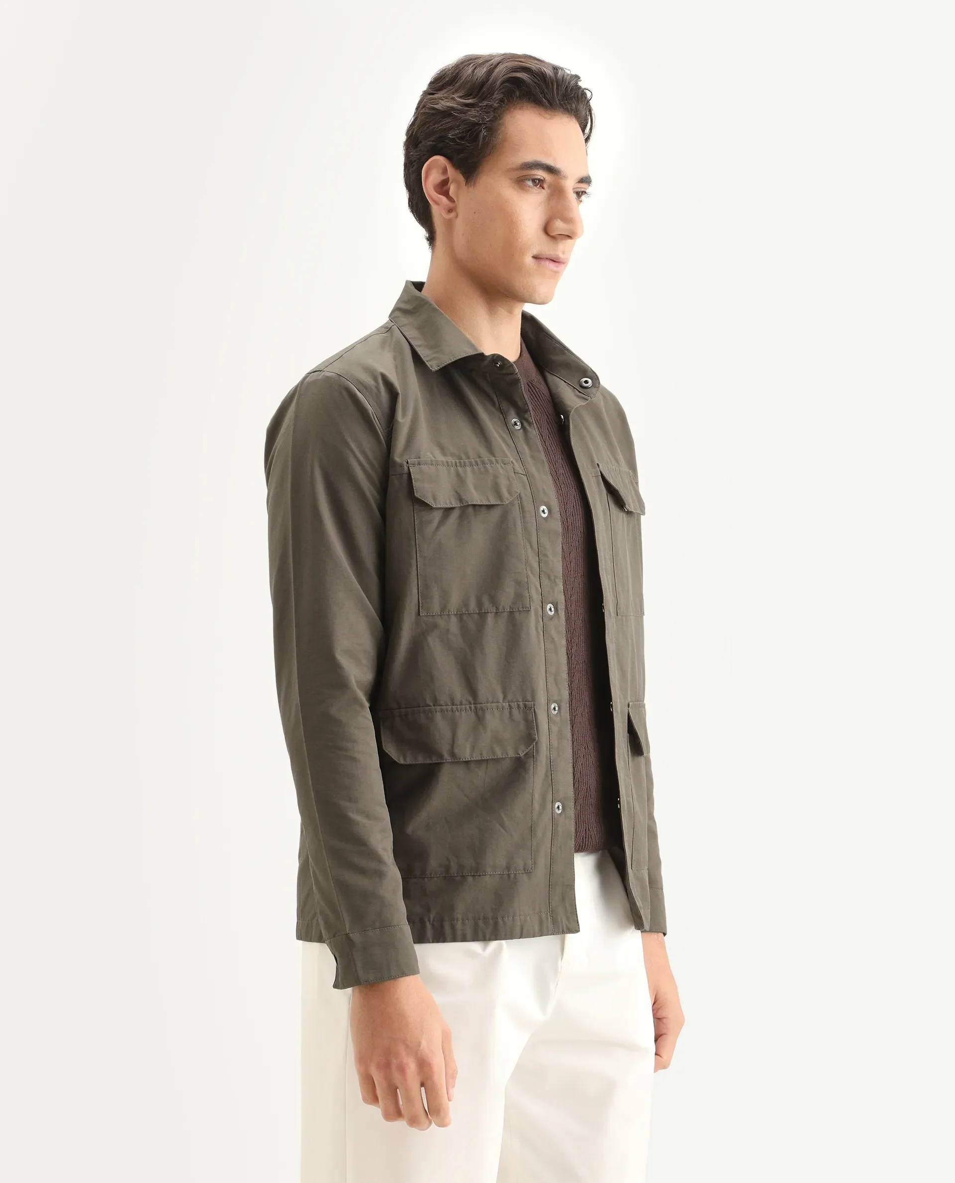 Rare Rabbit Men's Feliu Dark Olive Cotton Plain Regular Fit Full Sleeve Spread Collar Jacket - Image 6