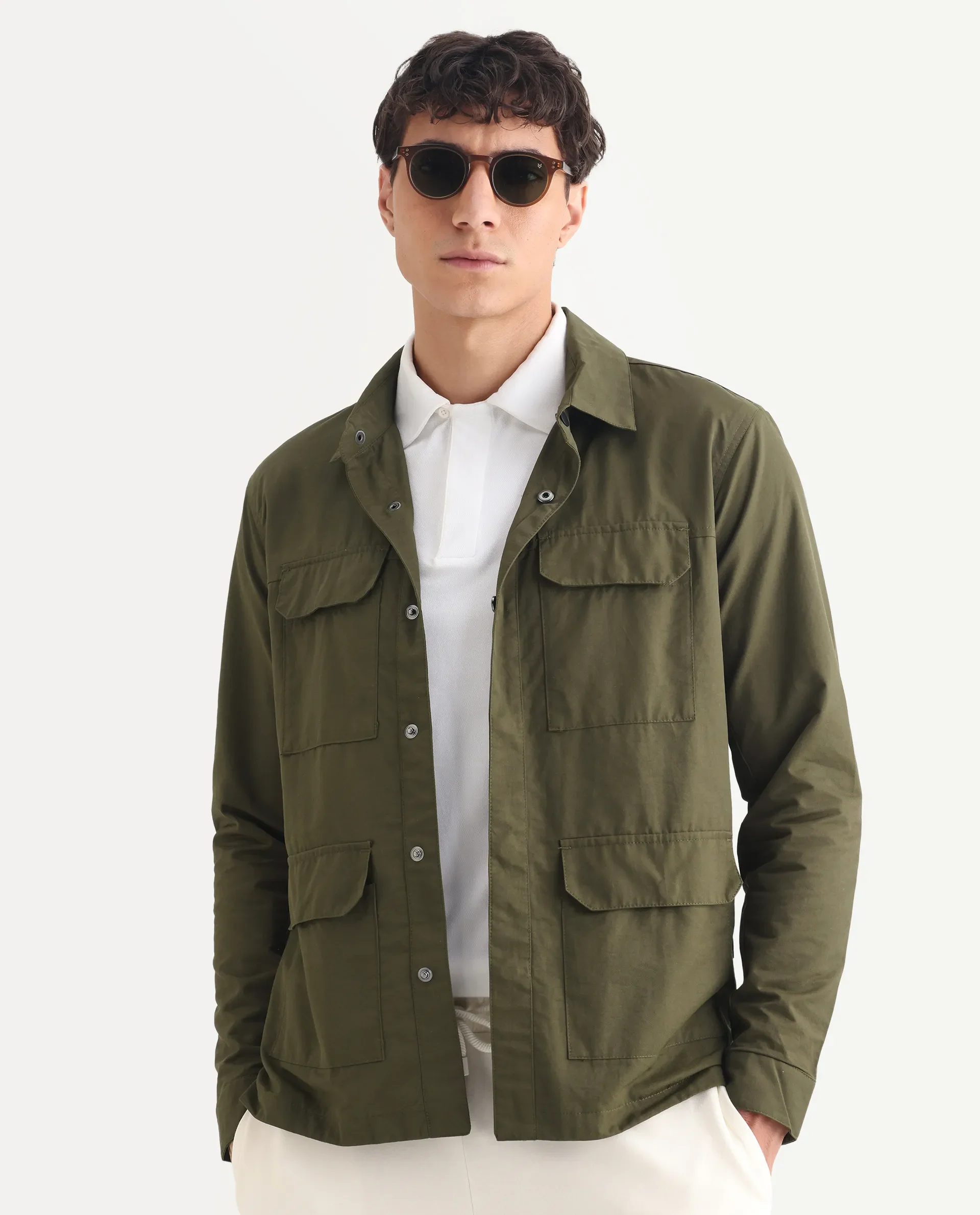 Rare Rabbit Men's Feliu Green Cotton Plain Regular Fit Full Sleeve Spread Collar Jacket