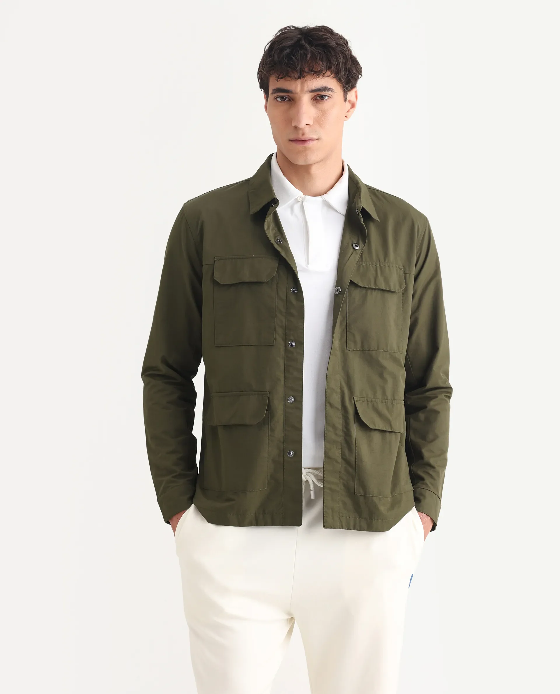 Rare Rabbit Men's Feliu Green Cotton Plain Regular Fit Full Sleeve Spread Collar Jacket - Image 3