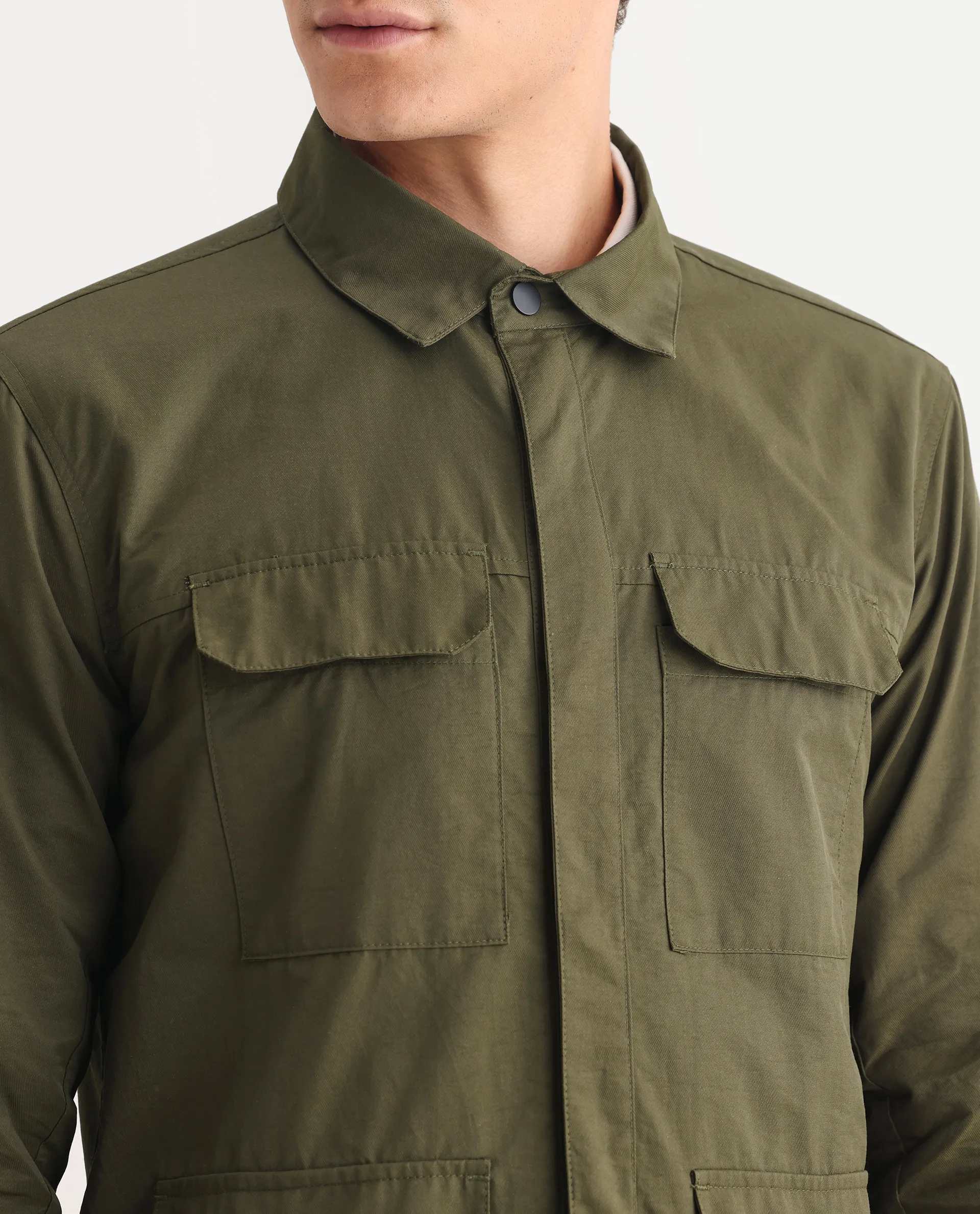 Rare Rabbit Men's Feliu Green Cotton Plain Regular Fit Full Sleeve Spread Collar Jacket - Image 4