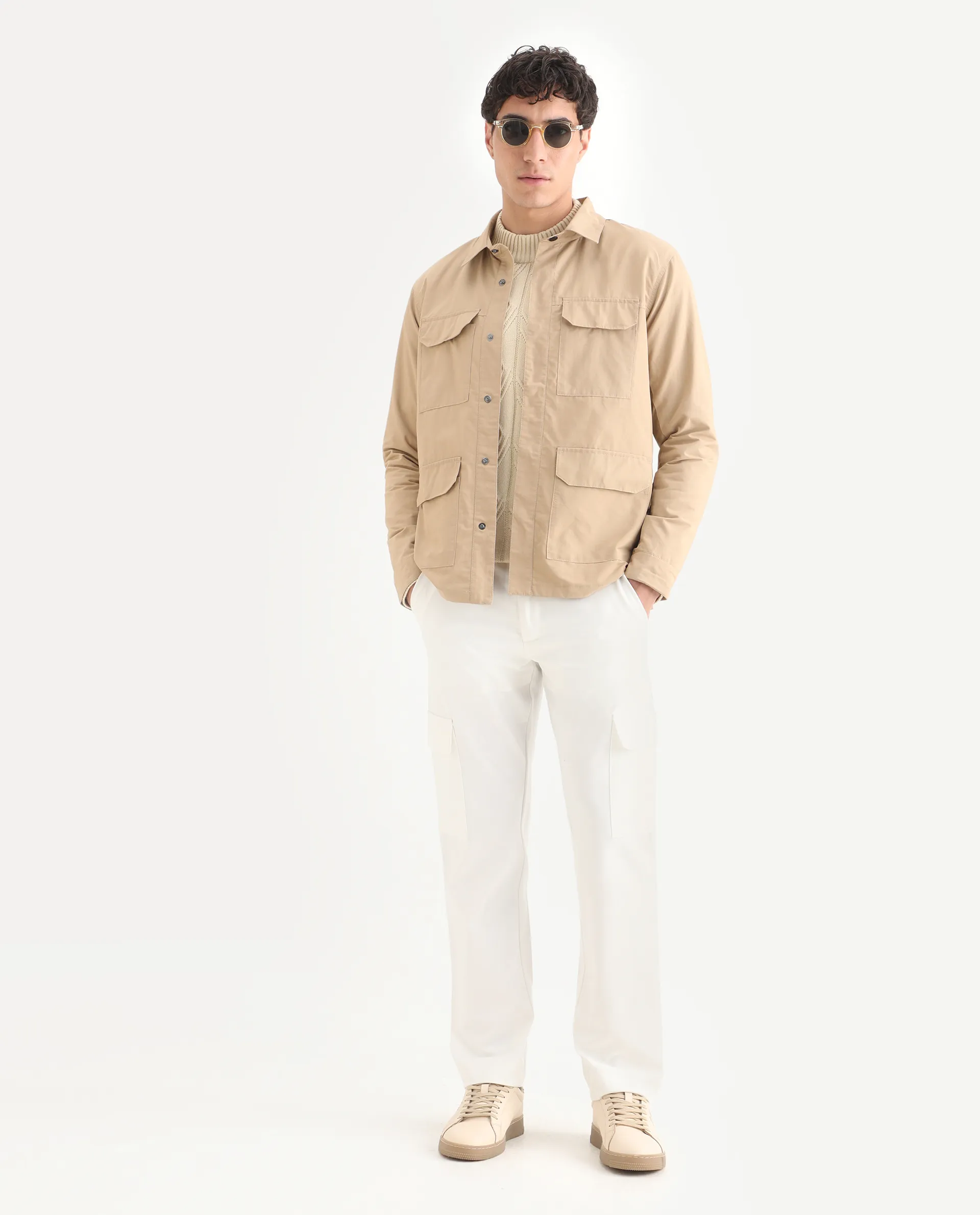 Rare Rabbit Men's Feliu Light Beige Cotton Plain Regular Fit Full Sleeve Spread Collar Jacket - Image 2