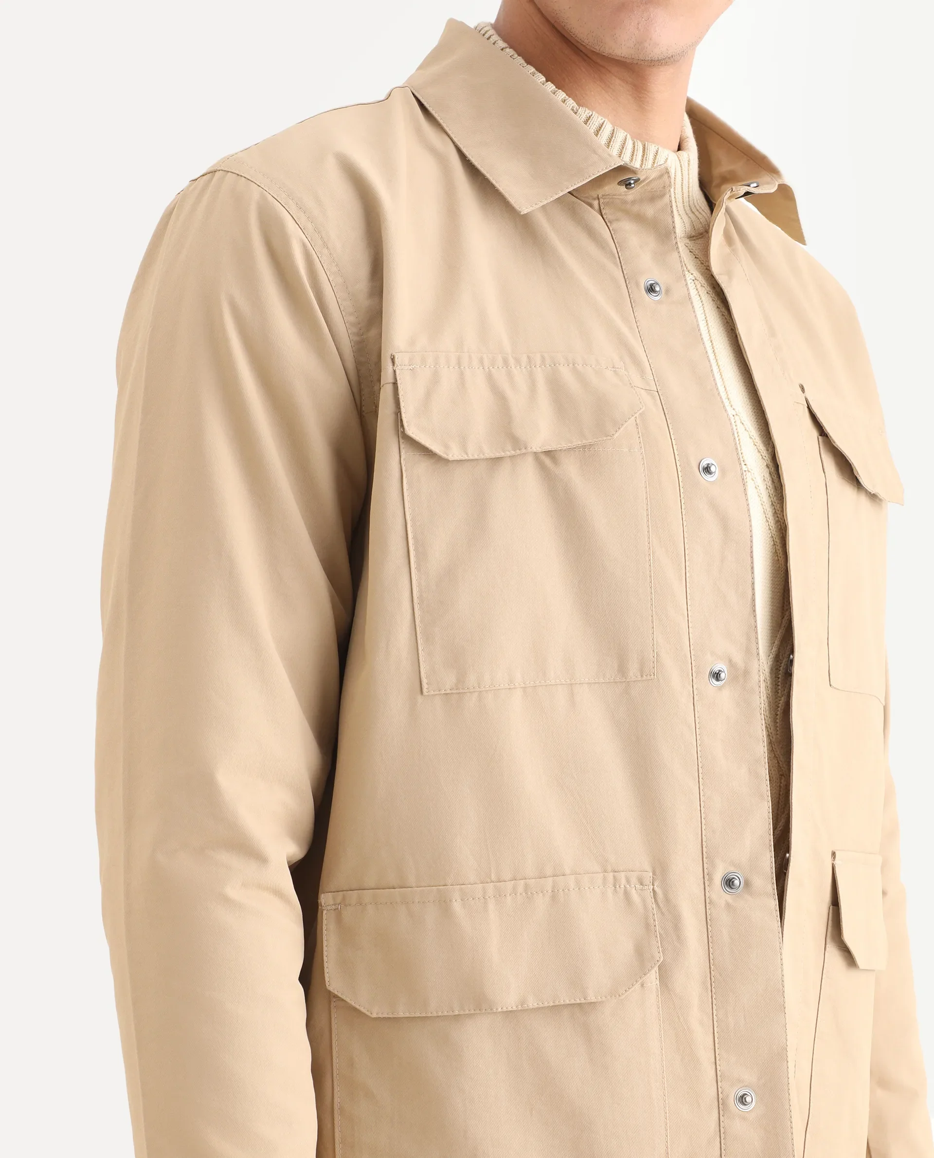 Rare Rabbit Men's Feliu Light Beige Cotton Plain Regular Fit Full Sleeve Spread Collar Jacket - Image 3