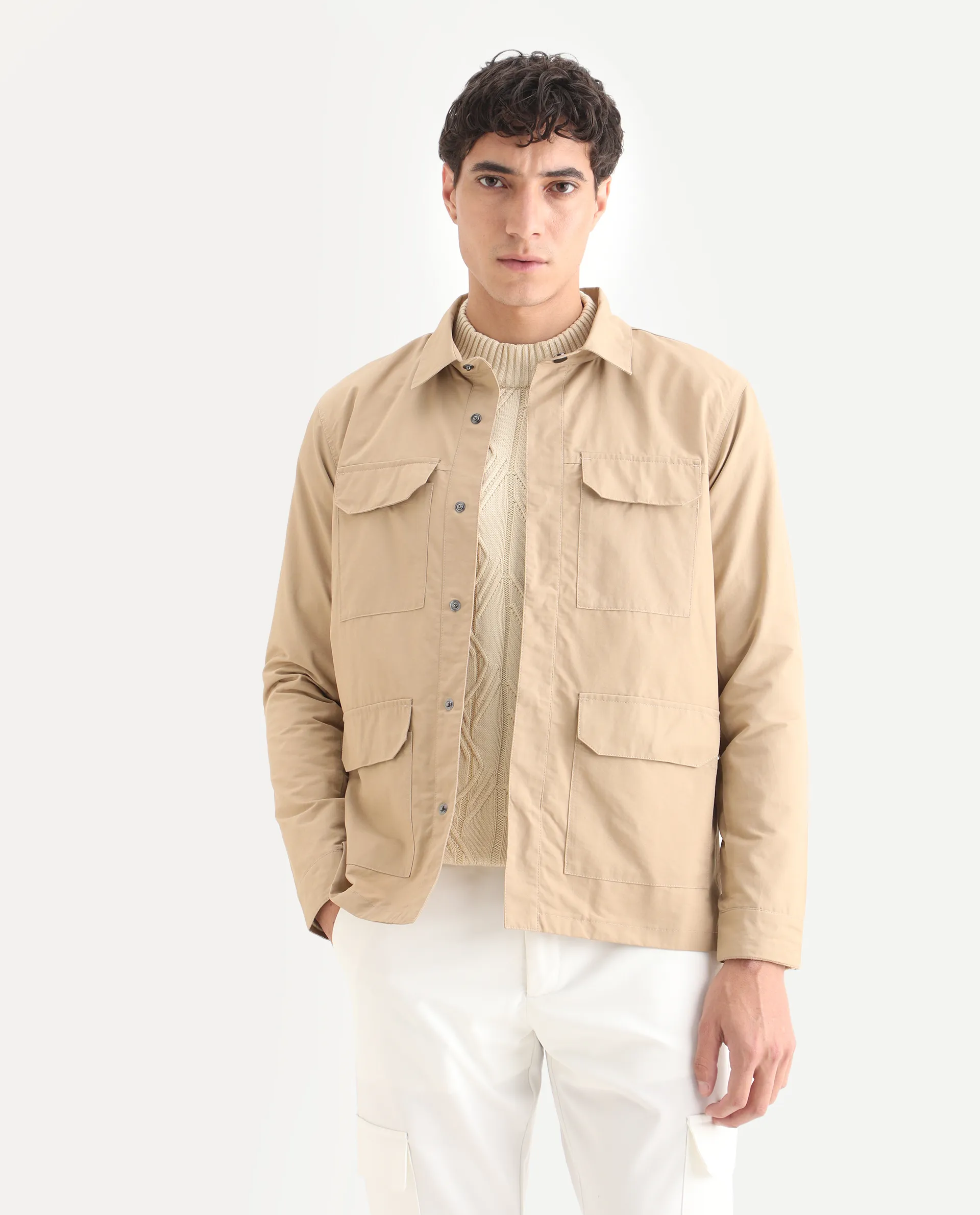 Rare Rabbit Men's Feliu Light Beige Cotton Plain Regular Fit Full Sleeve Spread Collar Jacket - Image 4