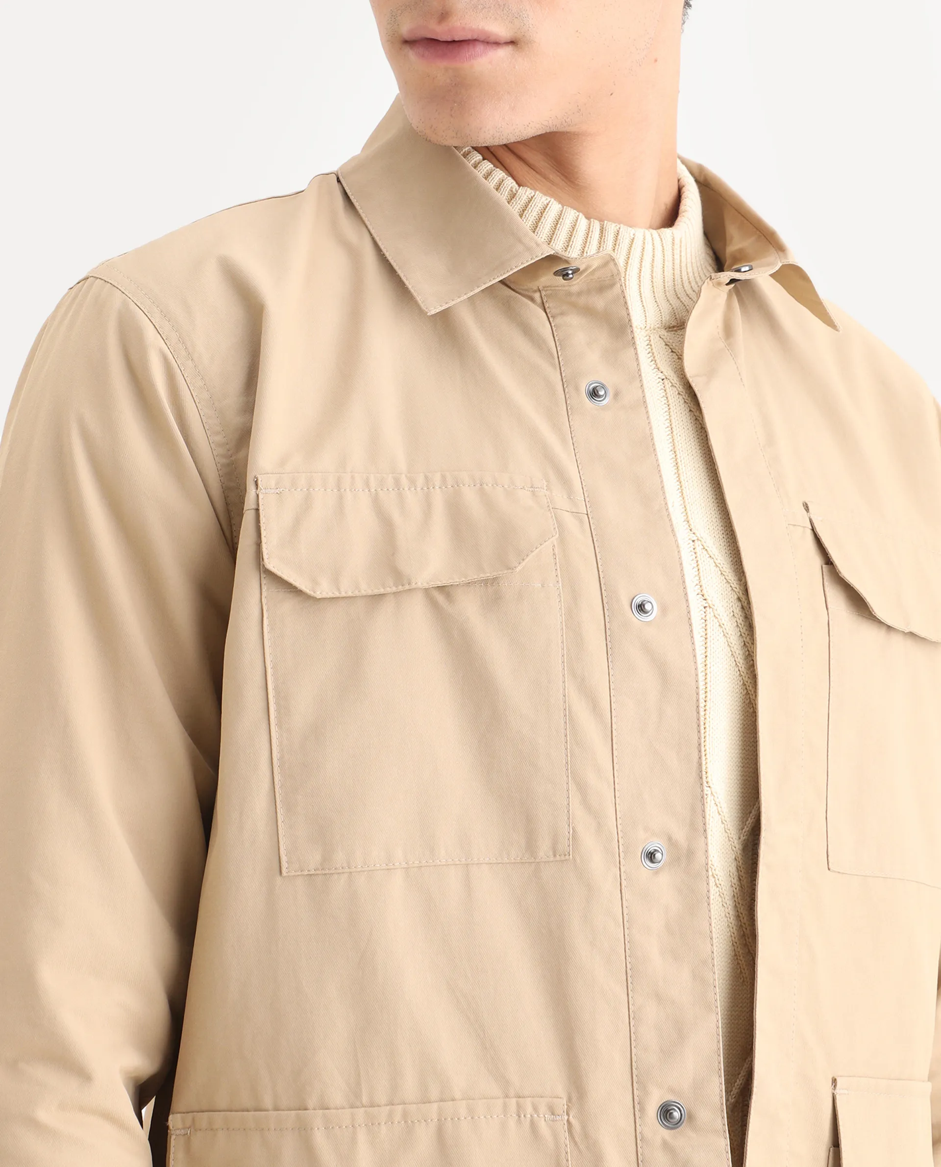 Rare Rabbit Men's Feliu Light Beige Cotton Plain Regular Fit Full Sleeve Spread Collar Jacket - Image 5