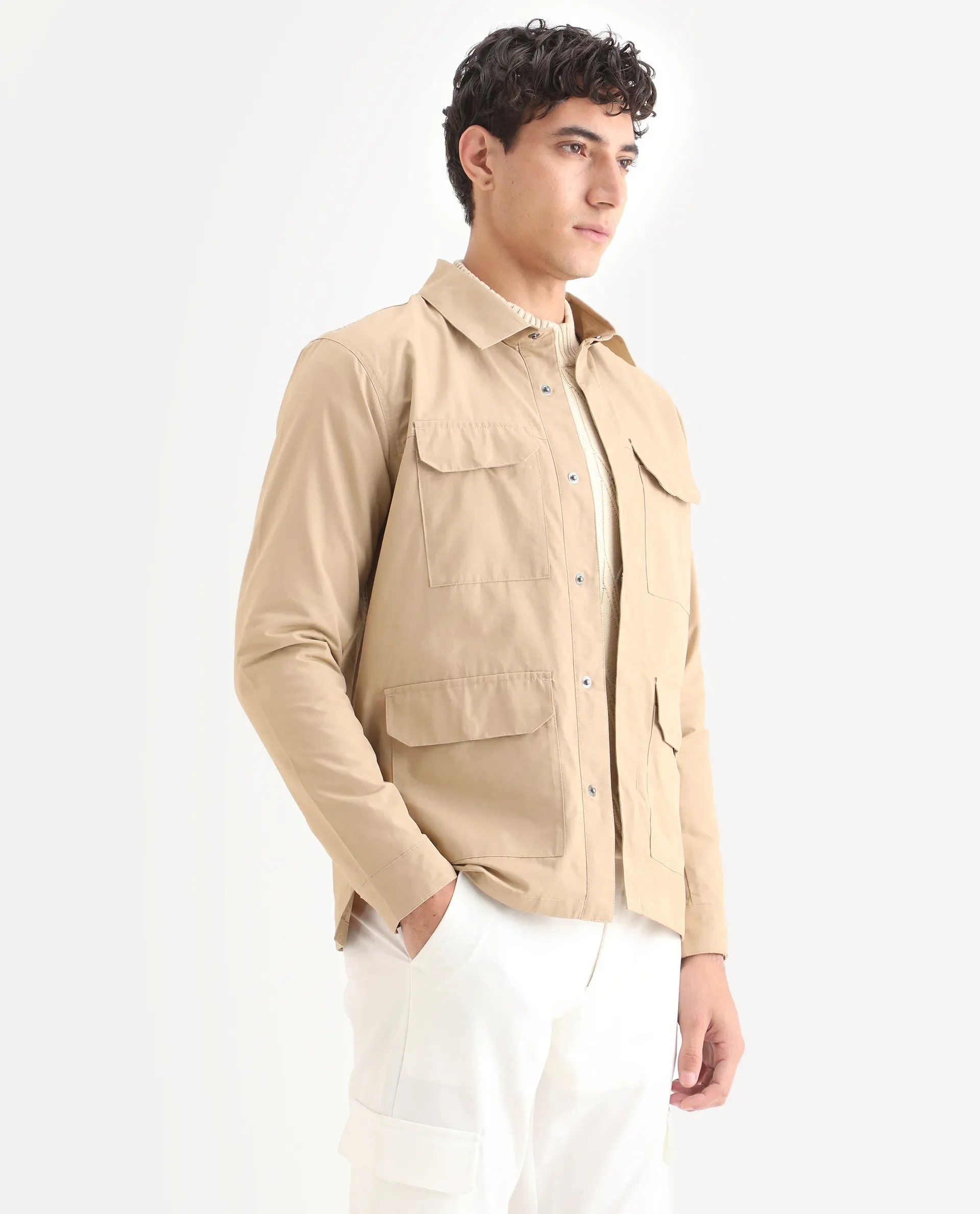 Rare Rabbit Men's Feliu Light Beige Cotton Plain Regular Fit Full Sleeve Spread Collar Jacket - Image 6