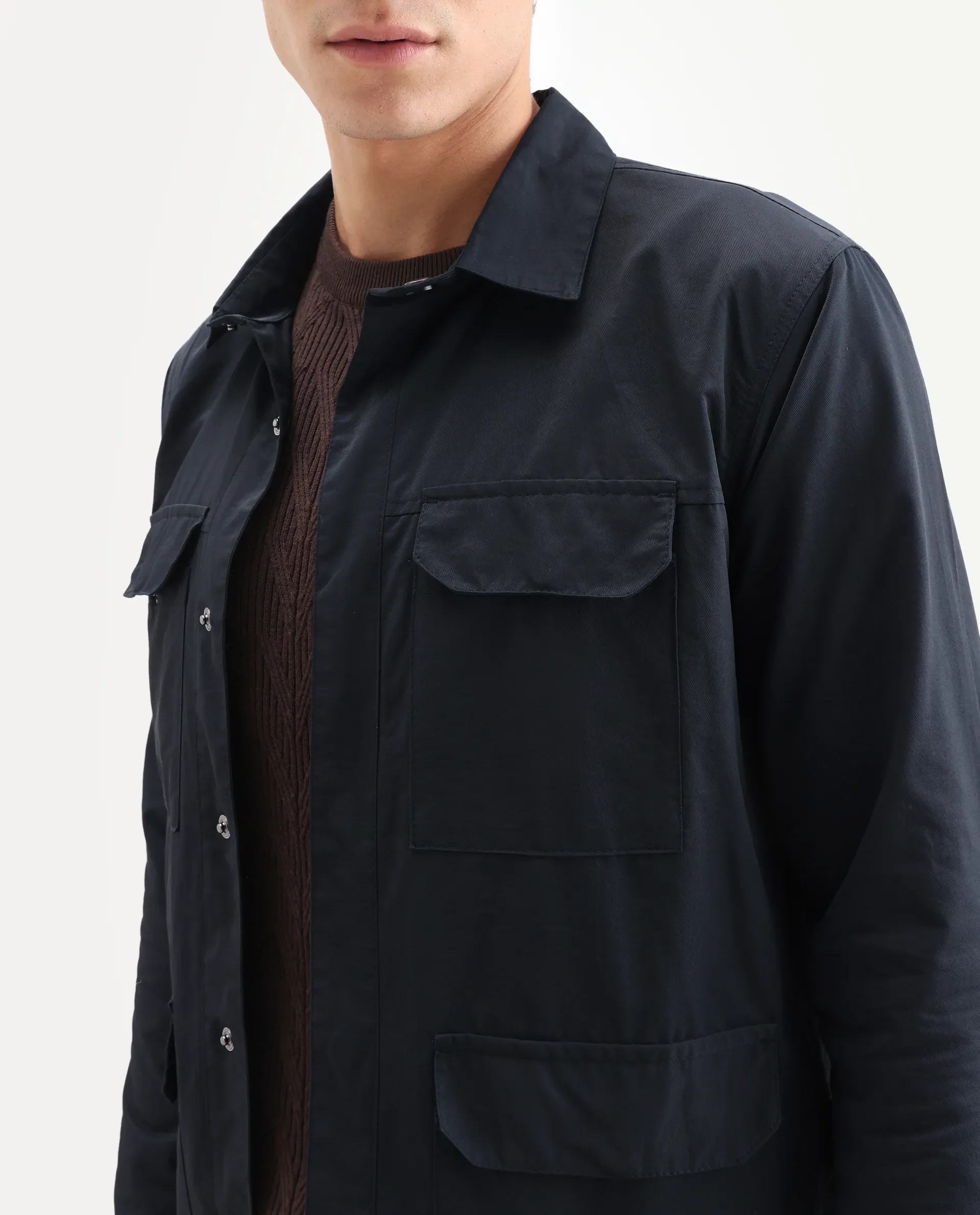 Rare Rabbit Men's Feliu Navy Cotton Plain Regular Fit Full Sleeve Spread Collar Jacket - Image 3
