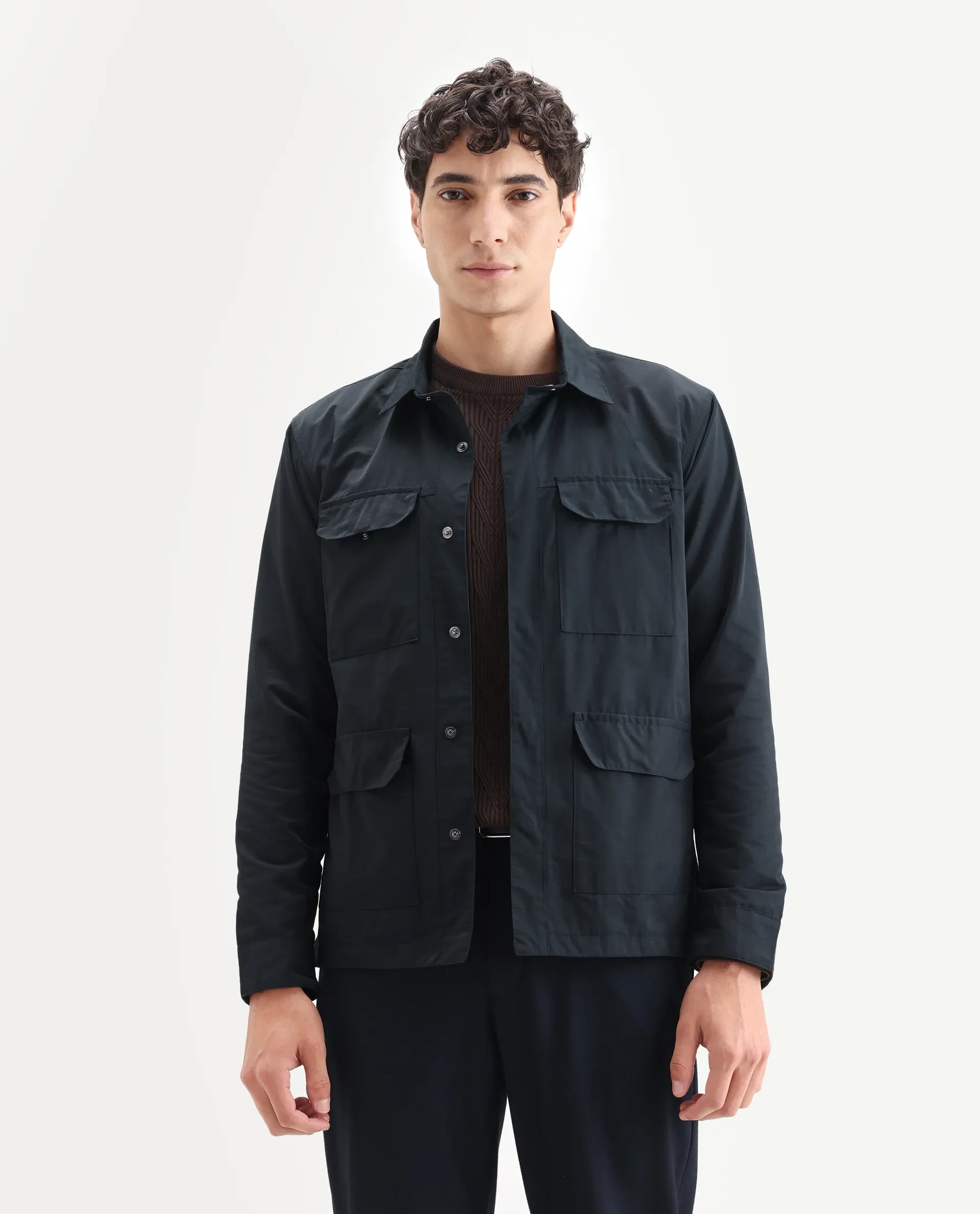 Rare Rabbit Men's Feliu Navy Cotton Plain Regular Fit Full Sleeve Spread Collar Jacket - Image 4