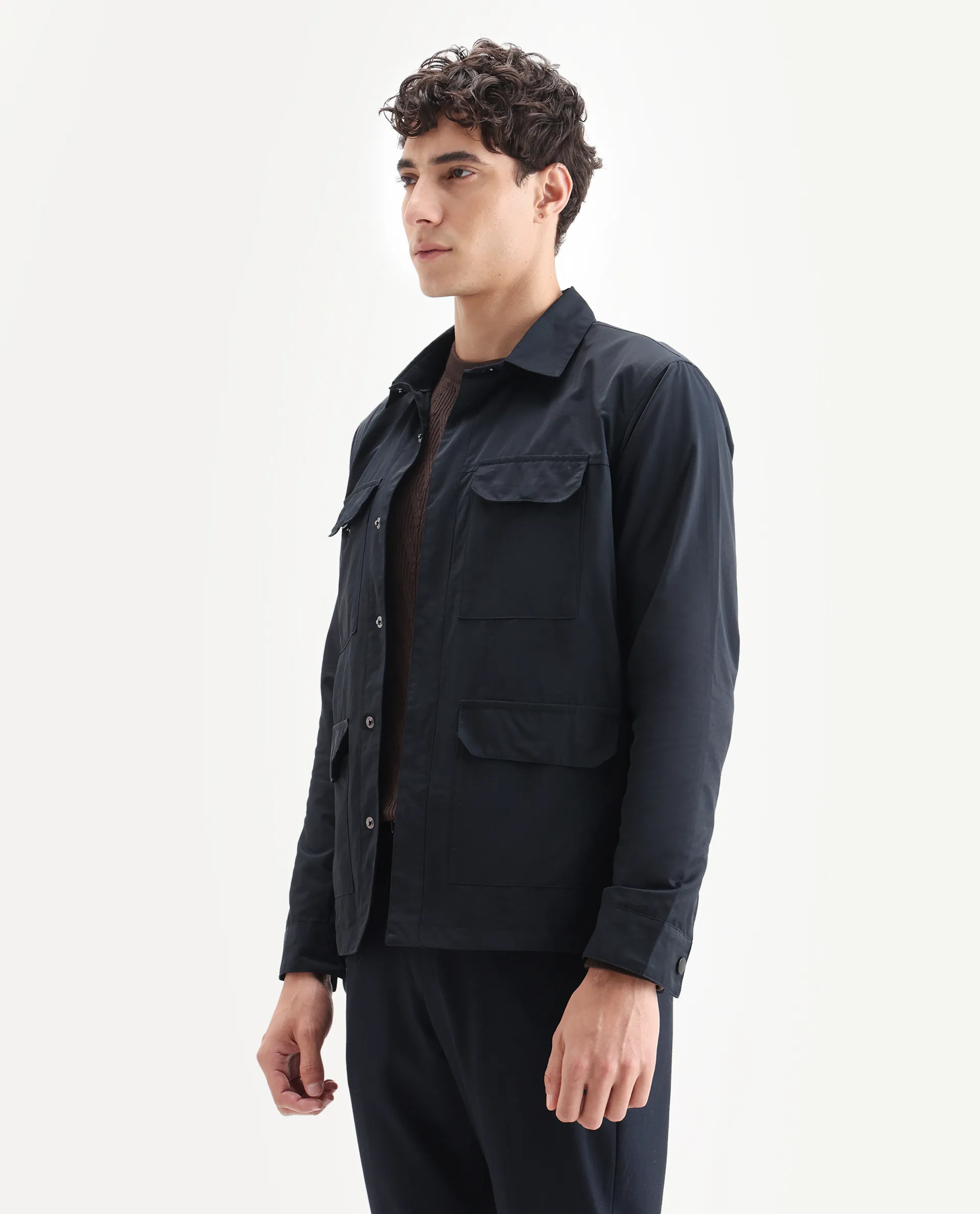 Rare Rabbit Men's Feliu Navy Cotton Plain Regular Fit Full Sleeve Spread Collar Jacket - Image 5