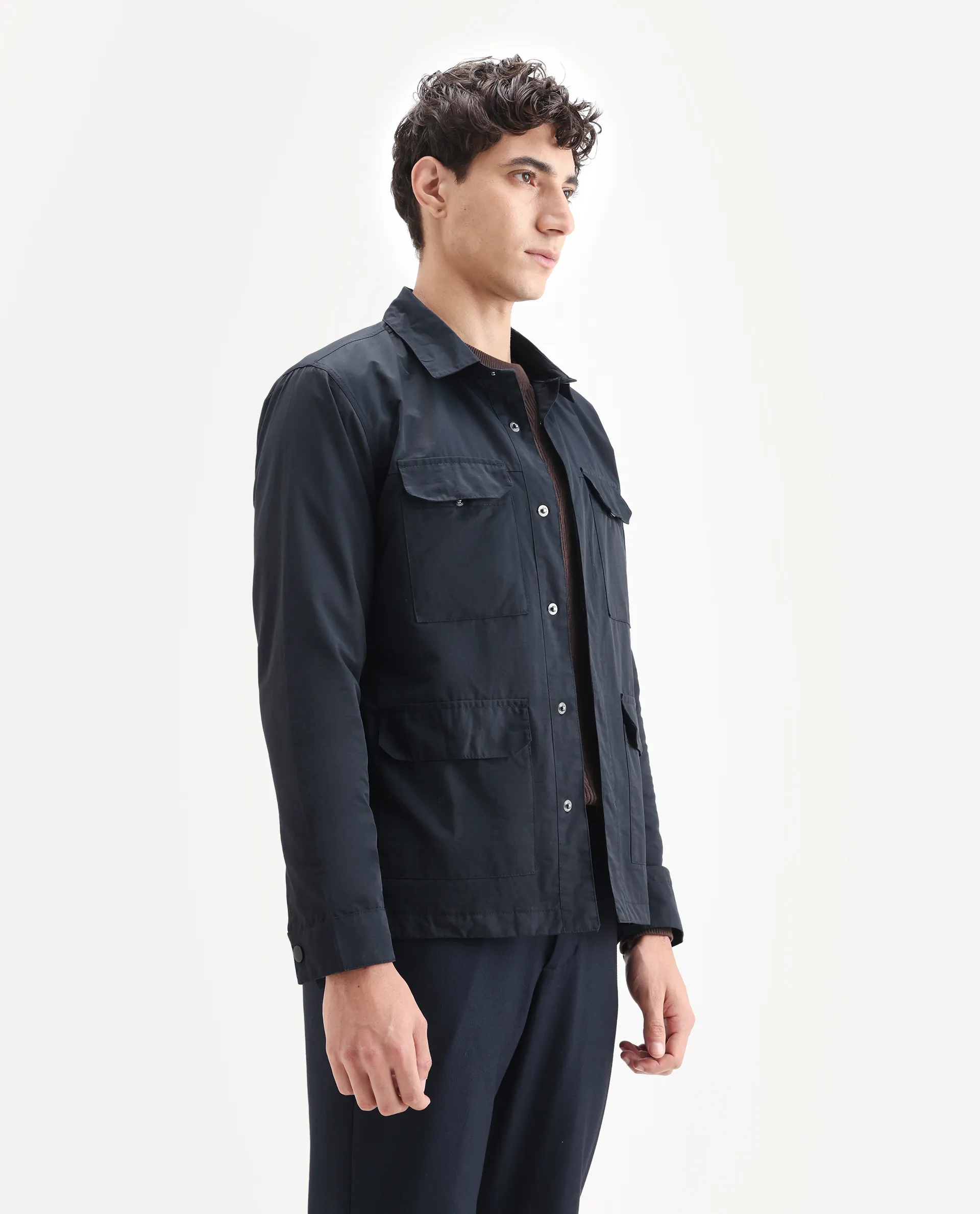 Rare Rabbit Men's Feliu Navy Cotton Plain Regular Fit Full Sleeve Spread Collar Jacket - Image 6