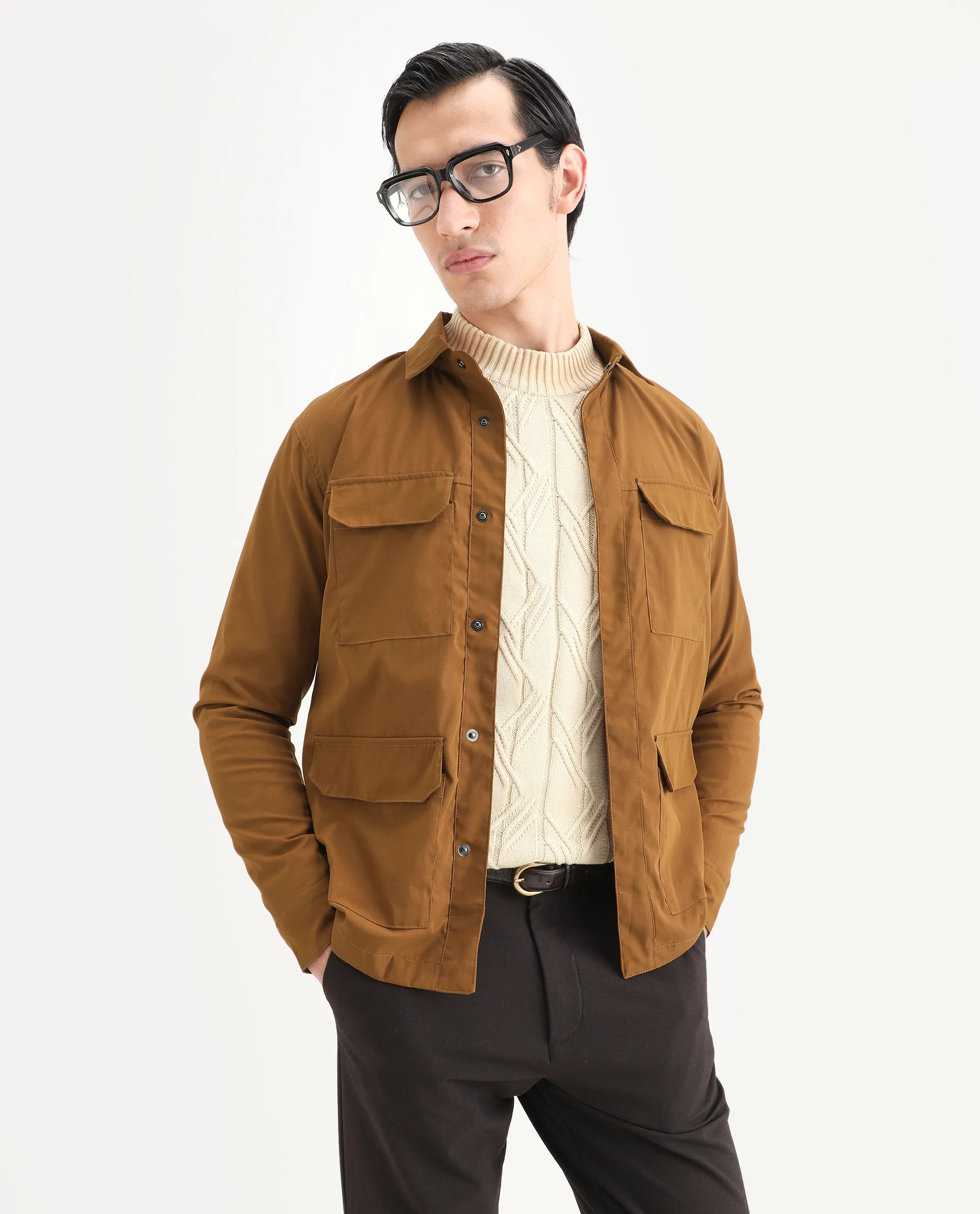 Rare Rabbit Men's Feliu Rust Cotton Plain Regular Fit Full Sleeve Spread Collar Jacket