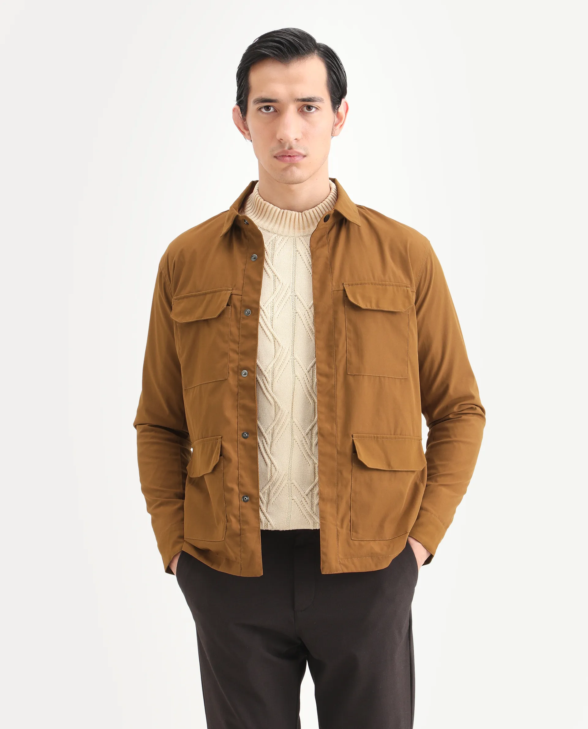 Rare Rabbit Men's Feliu Rust Cotton Plain Regular Fit Full Sleeve Spread Collar Jacket - Image 3