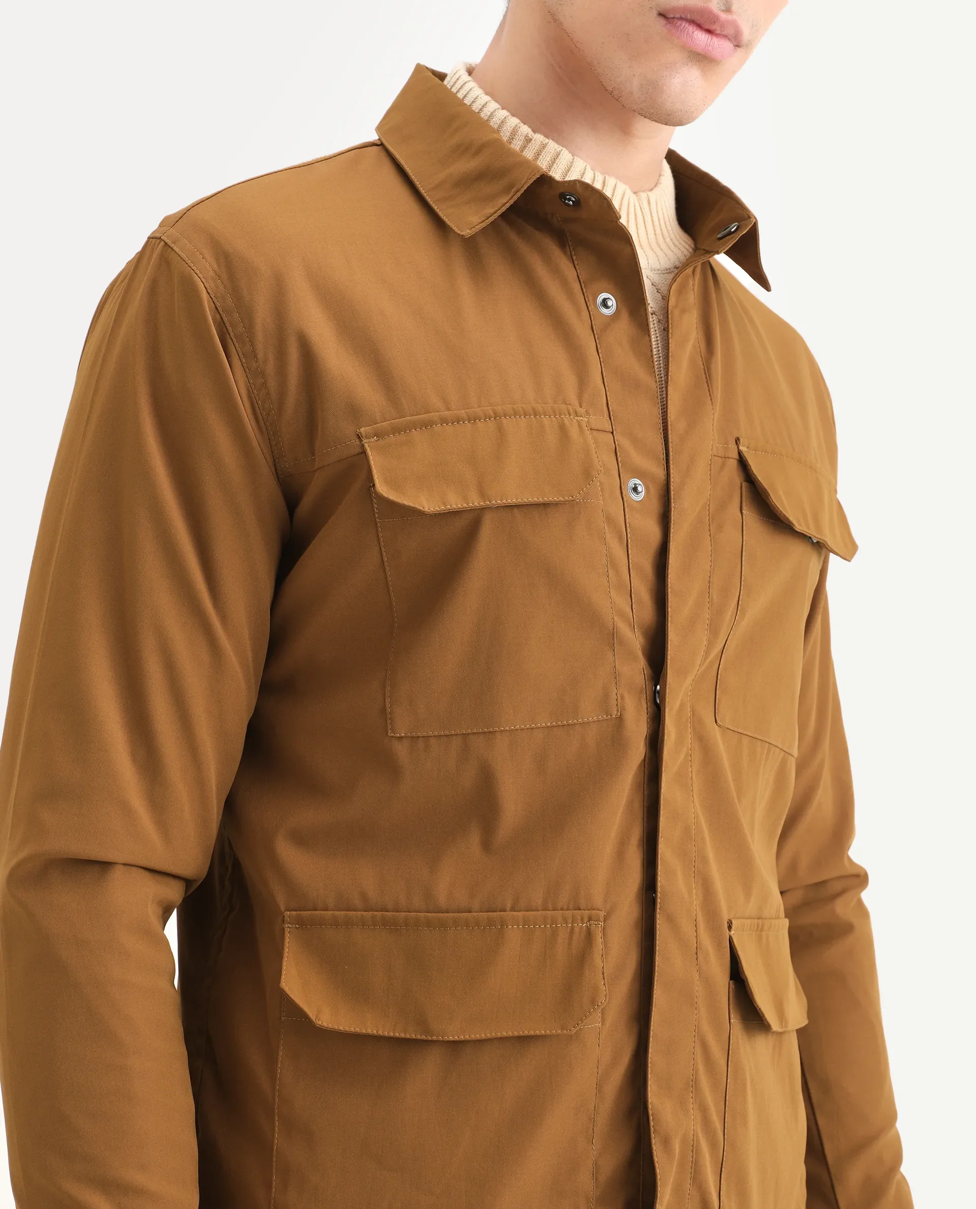 Rare Rabbit Men's Feliu Rust Cotton Plain Regular Fit Full Sleeve Spread Collar Jacket - Image 4