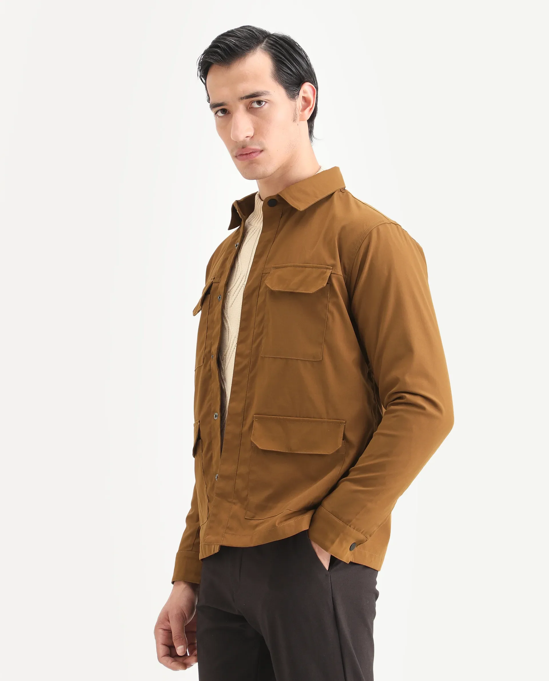 Rare Rabbit Men's Feliu Rust Cotton Plain Regular Fit Full Sleeve Spread Collar Jacket - Image 5