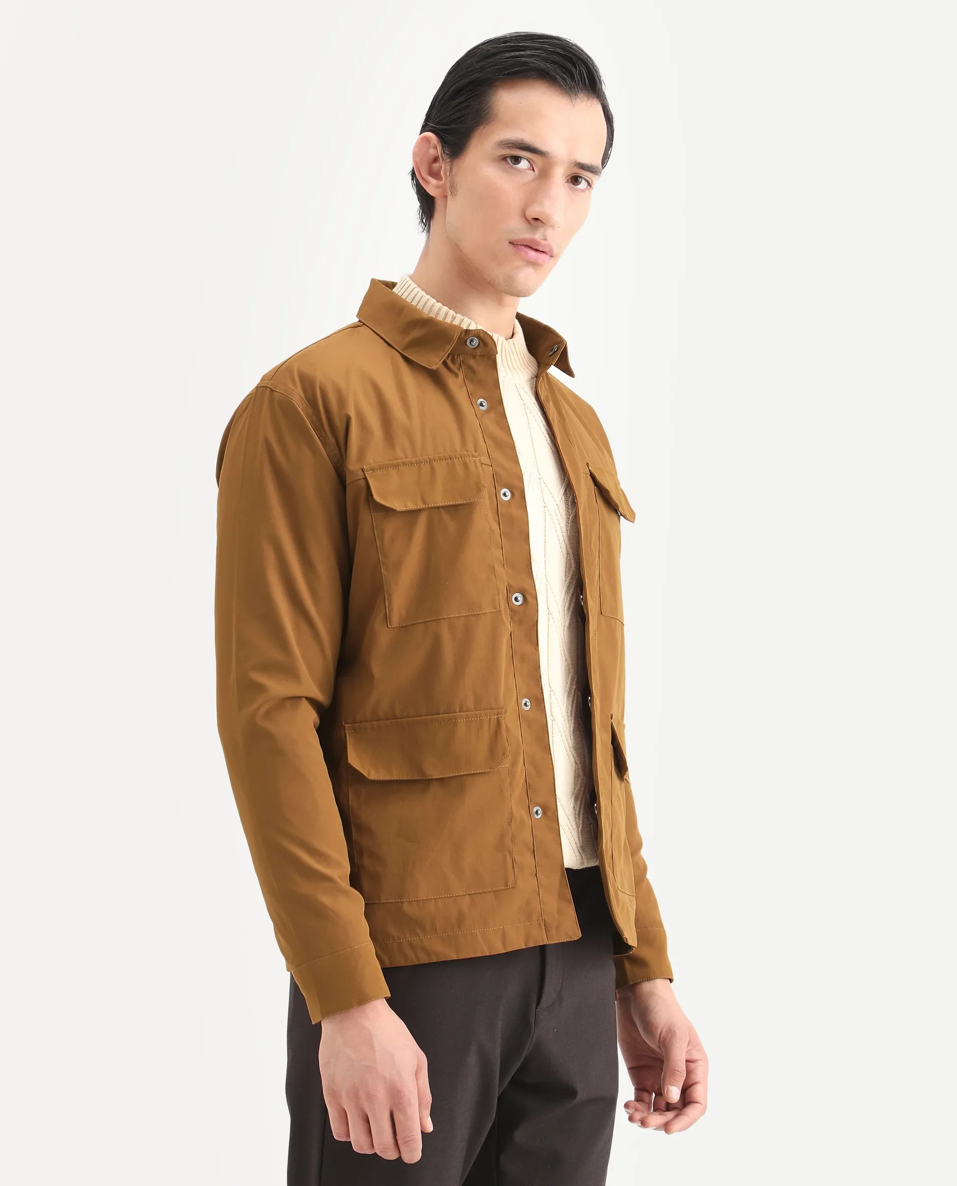 Rare Rabbit Men's Feliu Rust Cotton Plain Regular Fit Full Sleeve Spread Collar Jacket - Image 6