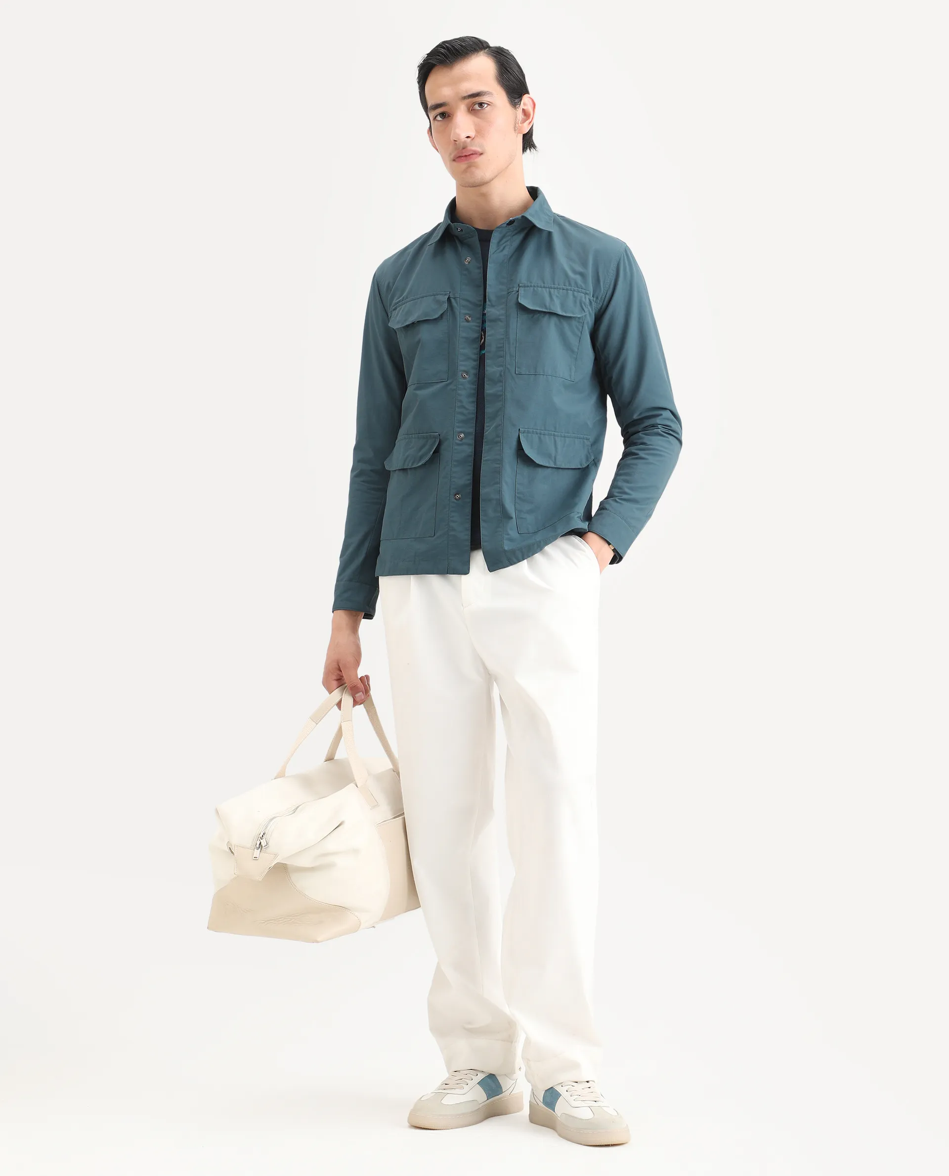 Rare Rabbit Men's Feliu Teal Cotton Plain Regular Fit Full Sleeve Spread Collar Jacket - Image 2