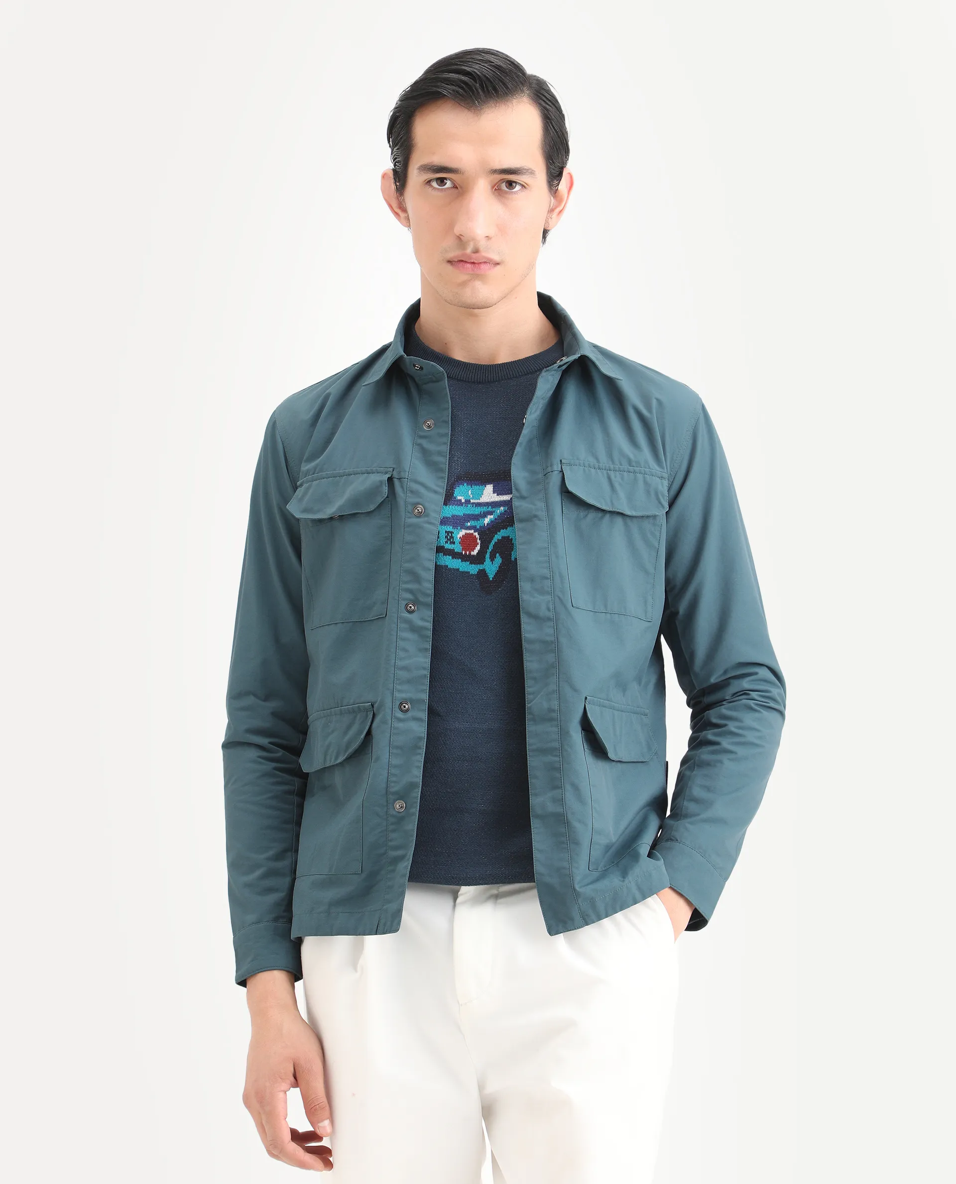 Rare Rabbit Men's Feliu Teal Cotton Plain Regular Fit Full Sleeve Spread Collar Jacket - Image 3