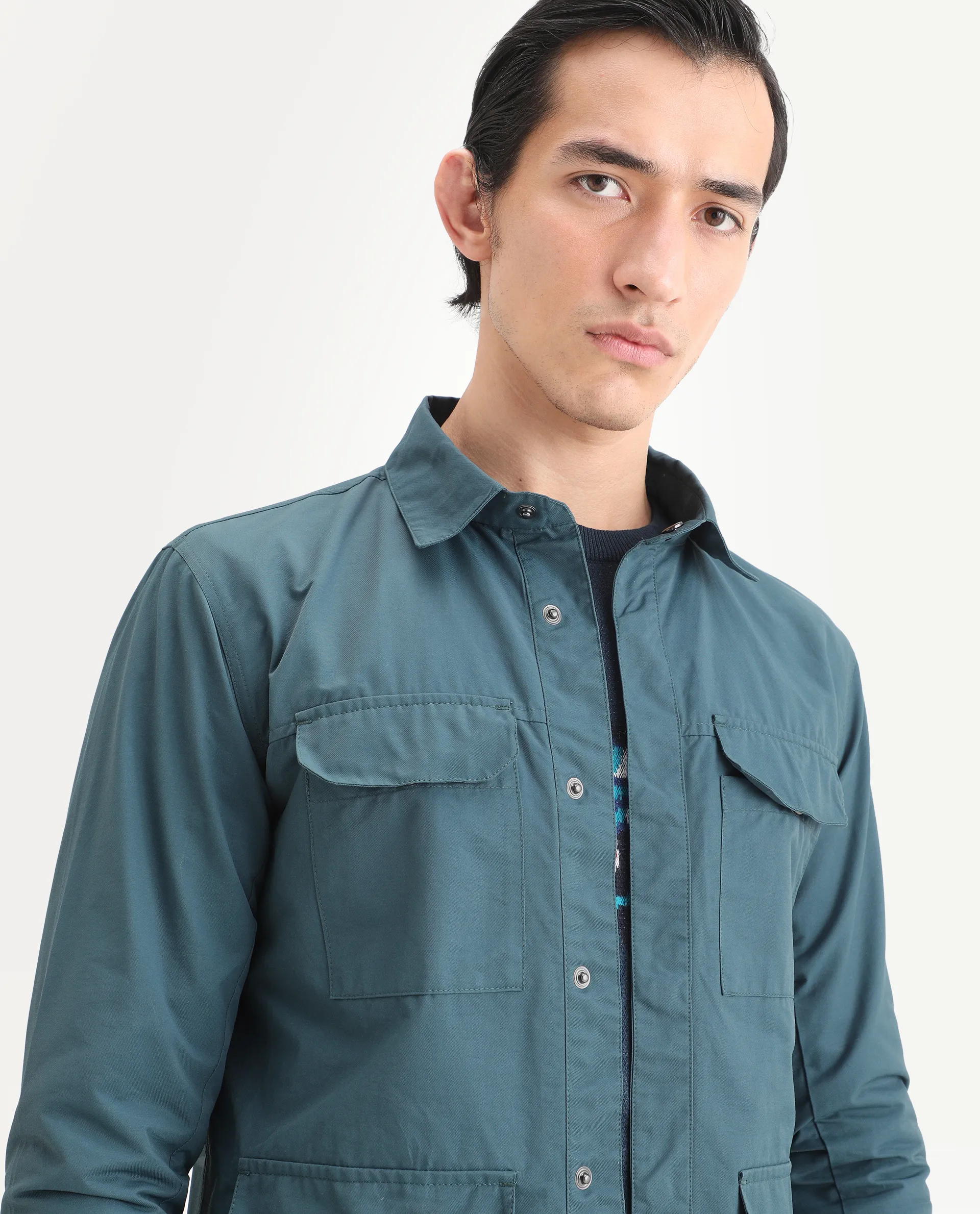 Rare Rabbit Men's Feliu Teal Cotton Plain Regular Fit Full Sleeve Spread Collar Jacket - Image 4