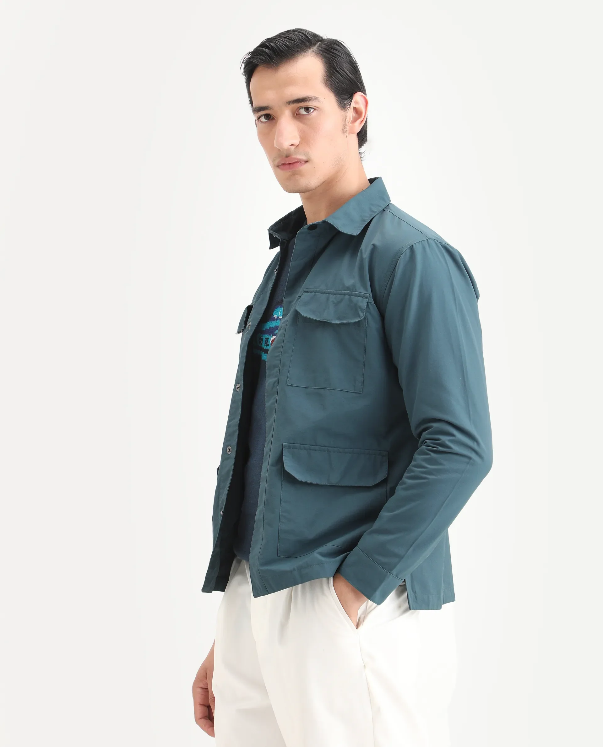 Rare Rabbit Men's Feliu Teal Cotton Plain Regular Fit Full Sleeve Spread Collar Jacket - Image 5